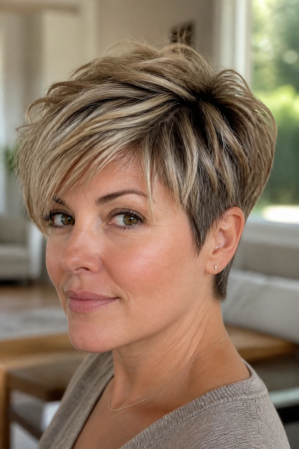 Close-up portrait of a real woman with layered volume pixie showing crown lift.