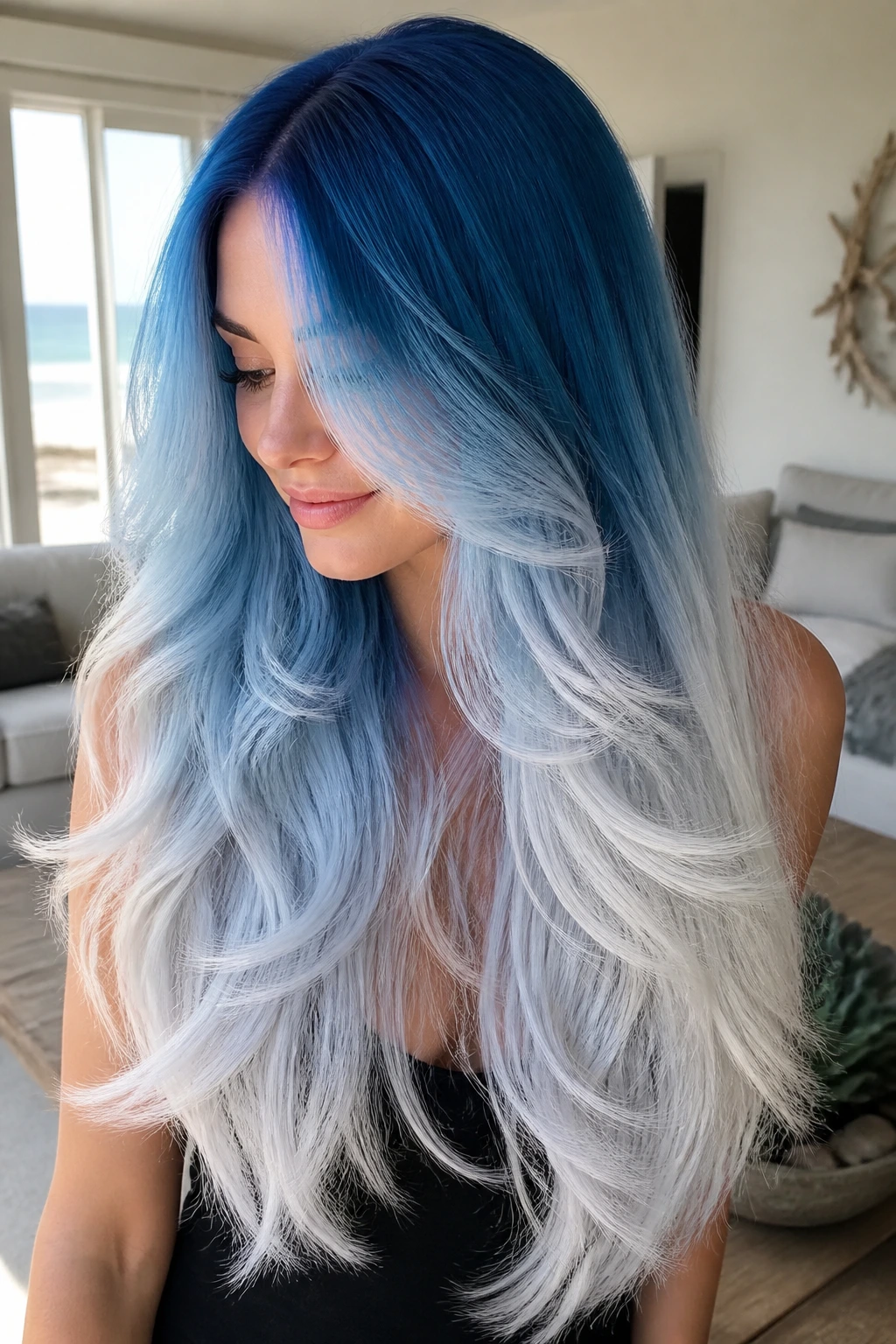 Close-up of real woman with layered waterfall ombre