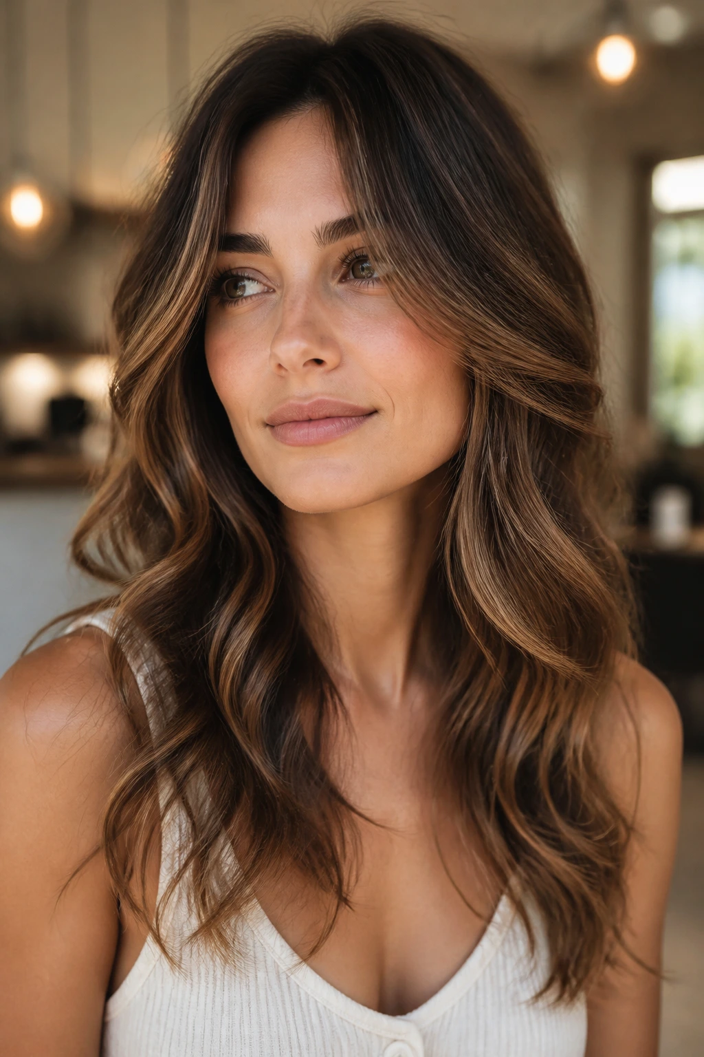 Real woman with layered waves that move, warm interior lighting