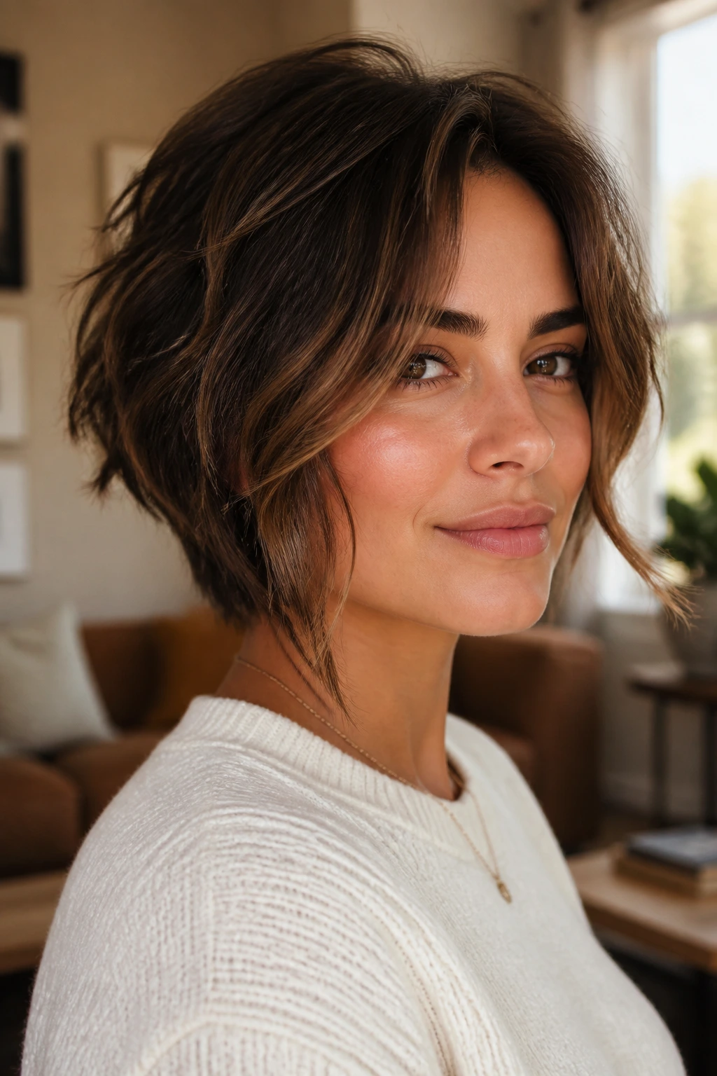 Close-up of real woman with layered wavy crop and face-framing pieces in warm window light