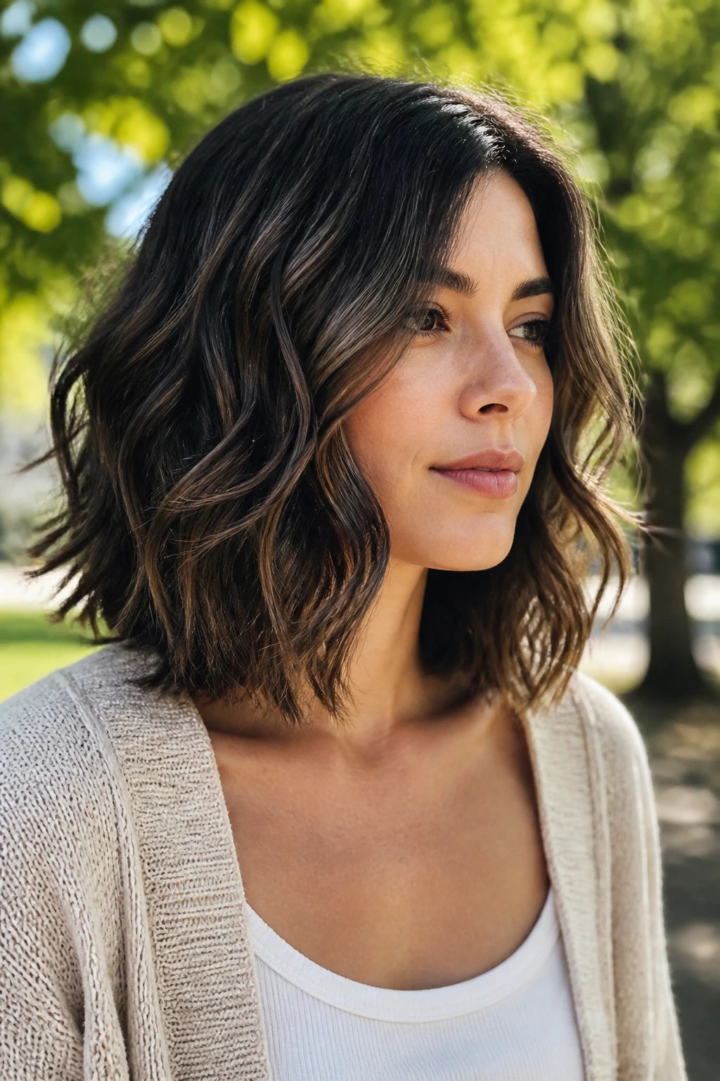 Close-up portrait of a real woman with layered wavy lob on thick hair