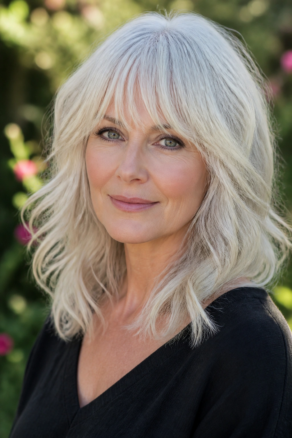 Close-up of a real person with layered white bangs and soft waves in natural outdoor light