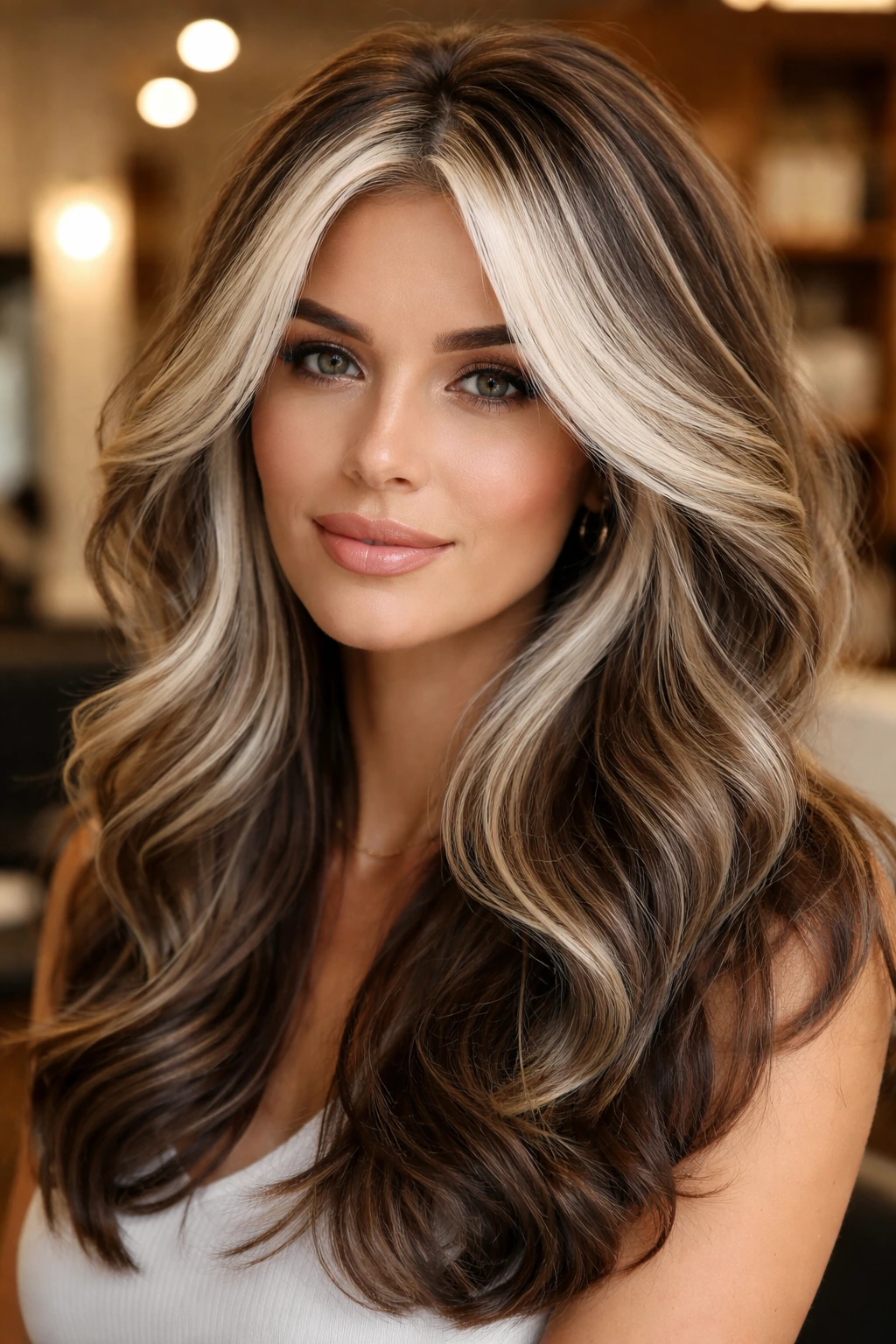 Close-up of layered hair with white blonde highlights on top layers and darker bottom layers