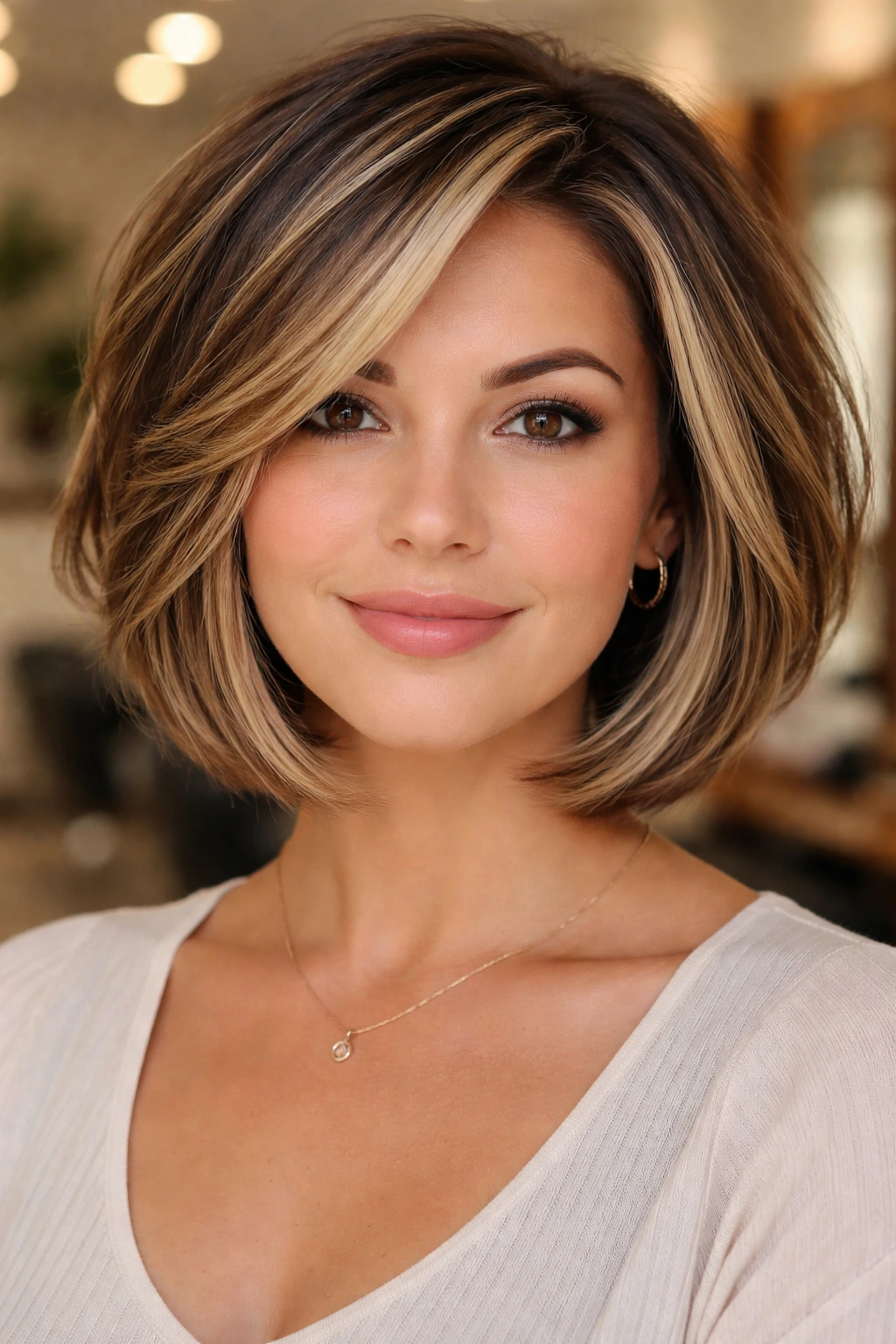 Portrait of a real woman with layered bob and face-framing highlights under warm salon lighting