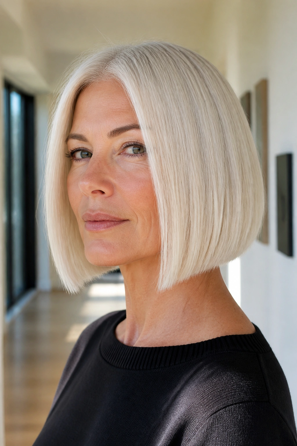 Close-up of a real woman with a layerless one-length platinum bob