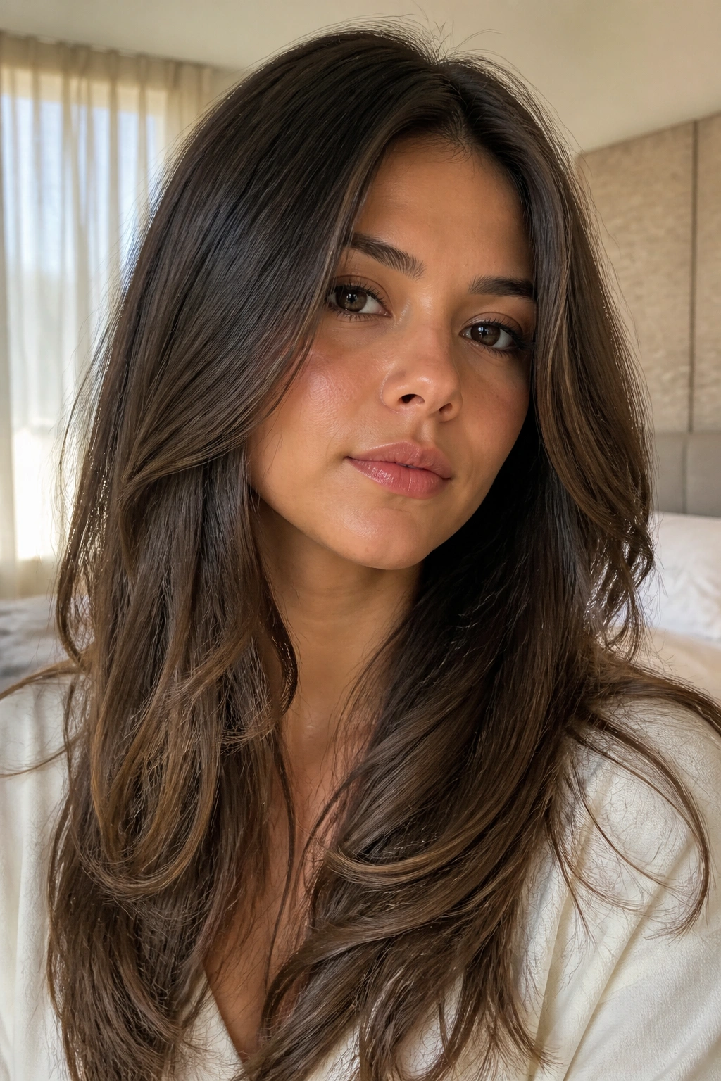 Close-up portrait of a real woman with long layers starting below the chin in natural light