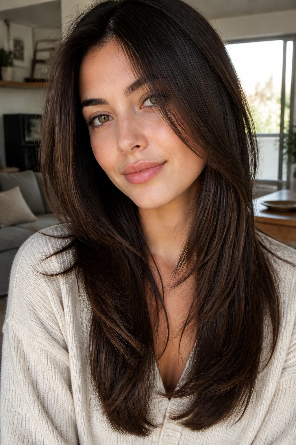 Close-up portrait of hair starting below the collarbone with soft layers