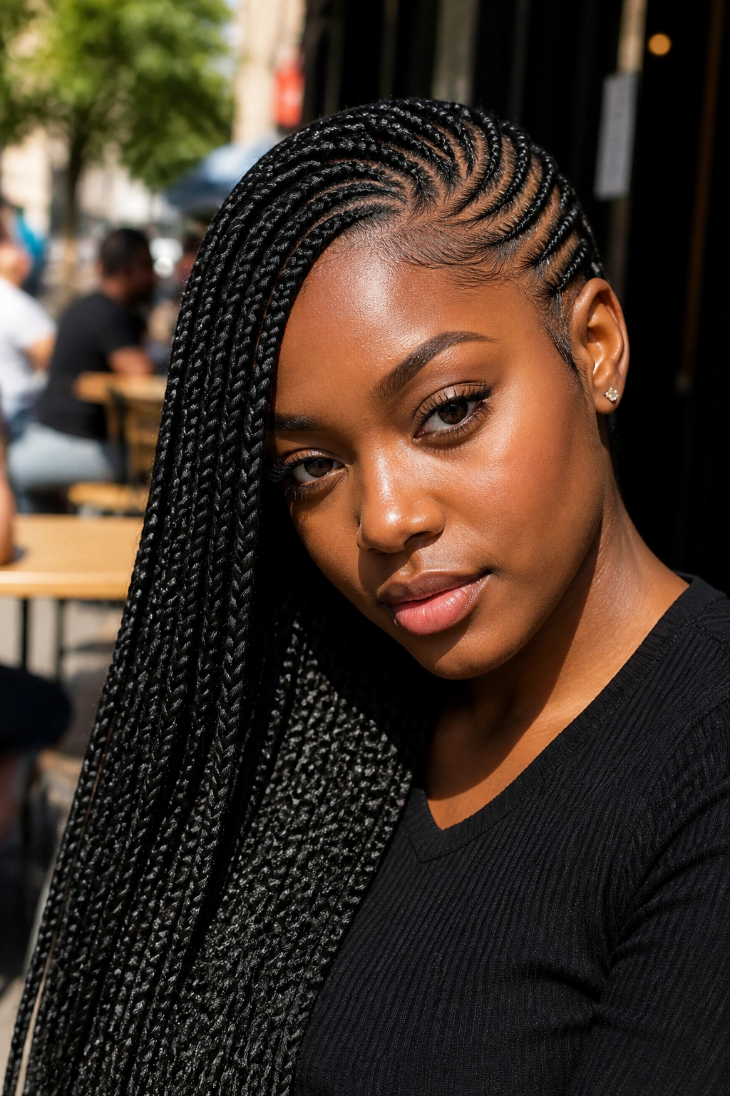 Close-up of a real woman with lemonade braids outdoors