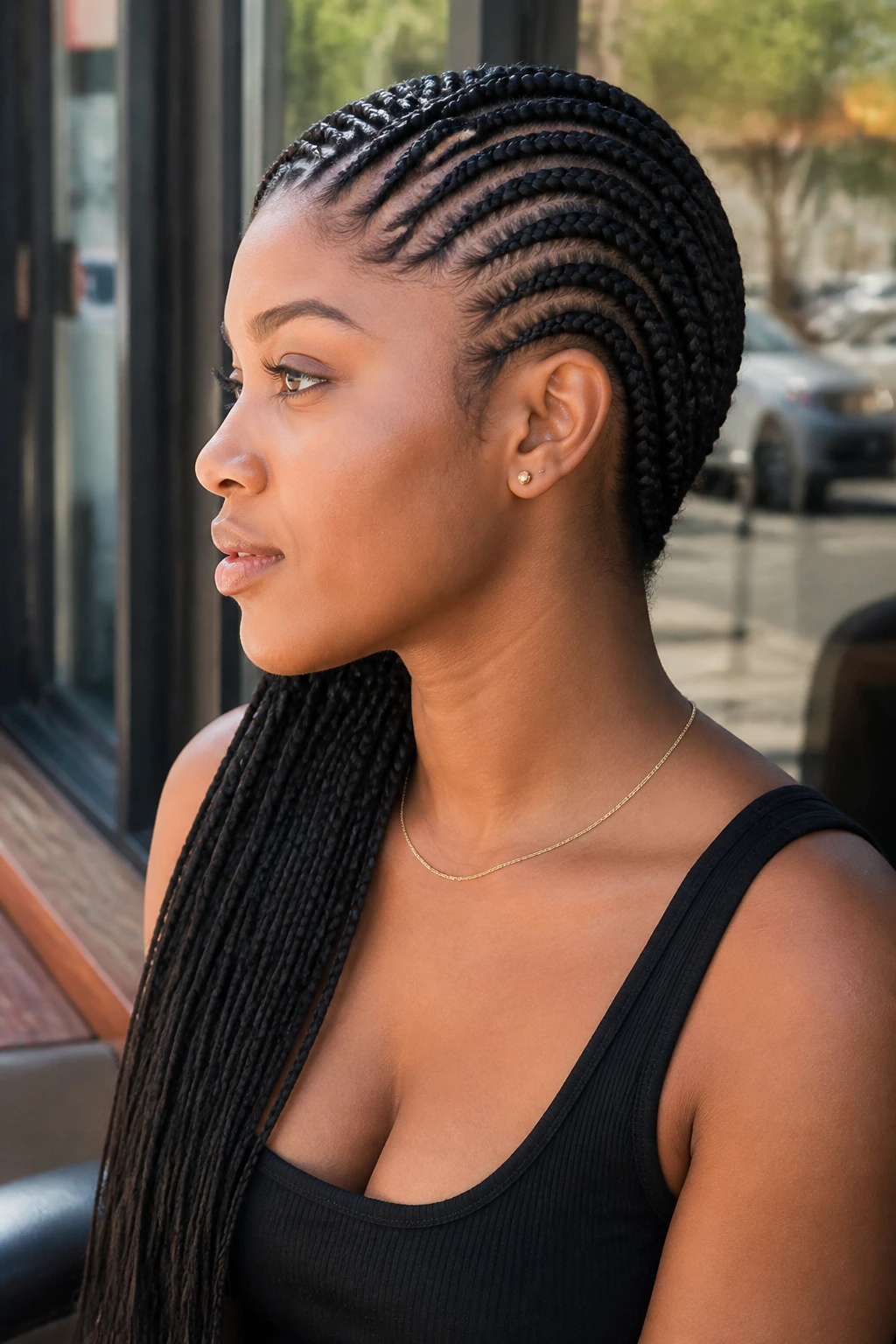 Side-profile of a person with lemonade braids sweeping to the side over one shoulder in a cafe-like setting.