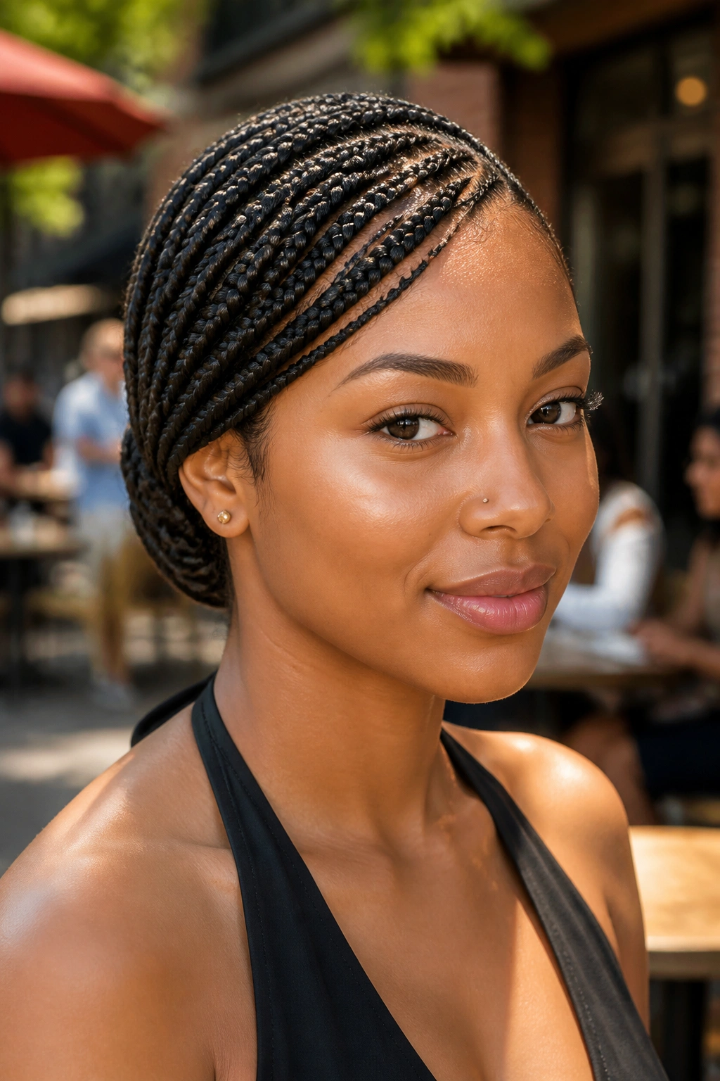 Close-up of a real woman wearing lemonade braids with tucked ends