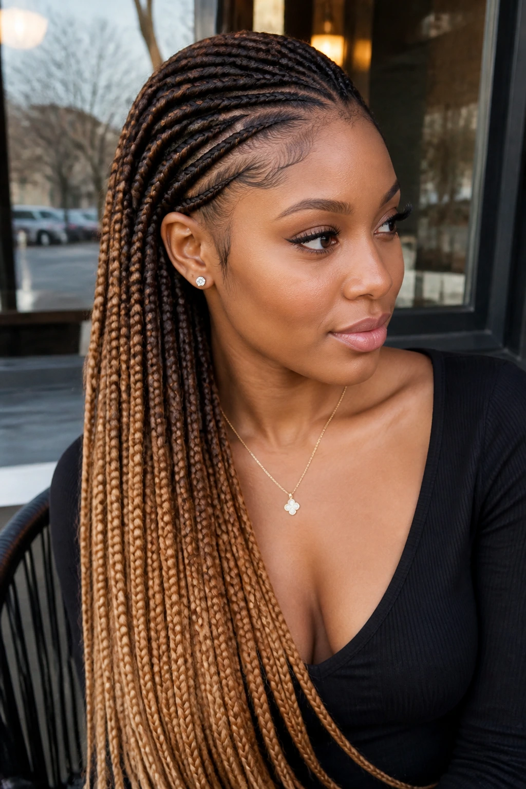 Close-up of a real person with two-tone lemonade braids, dark roots fading to caramel ends.