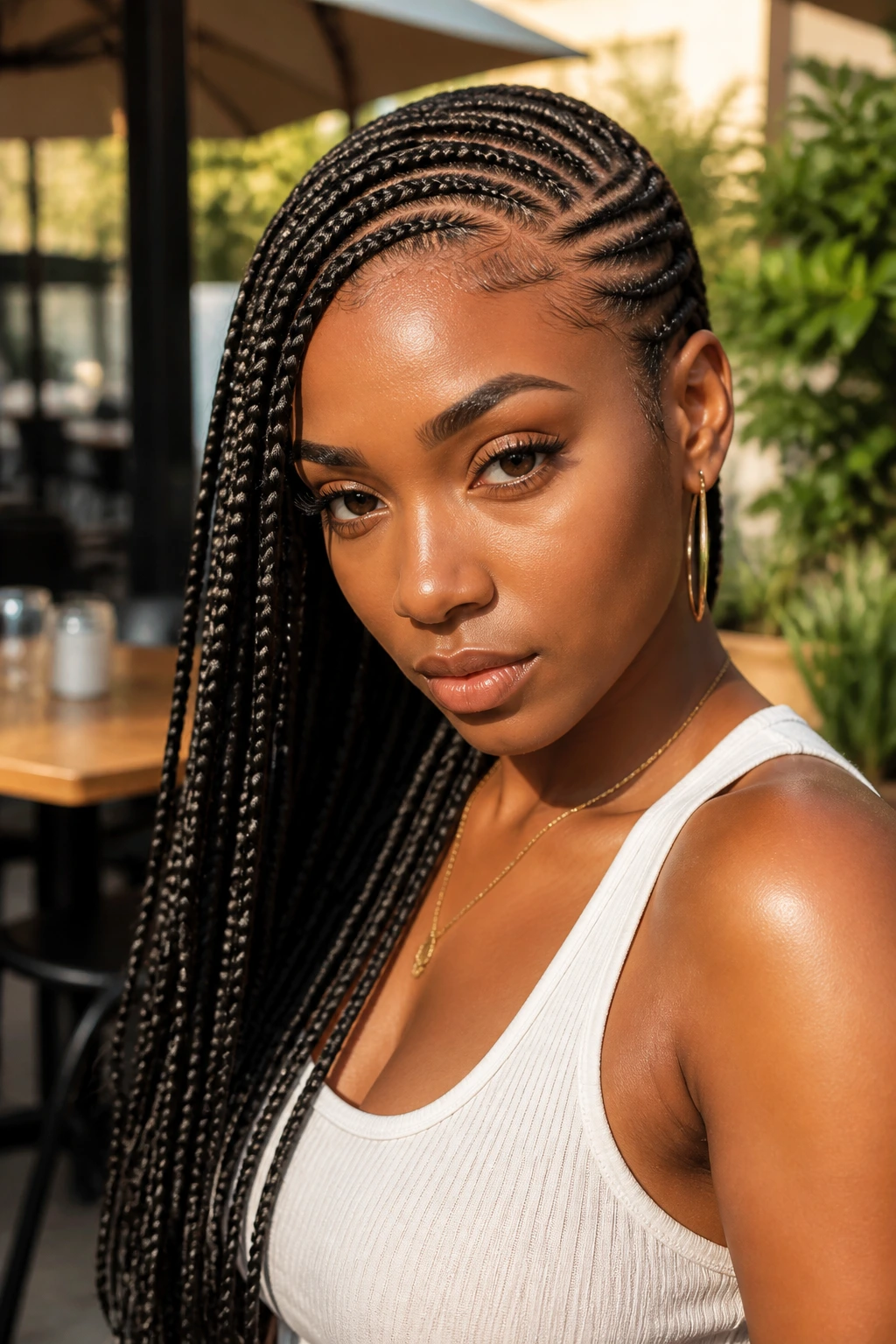 Real woman with lemonade cornrow braids cascading to one side