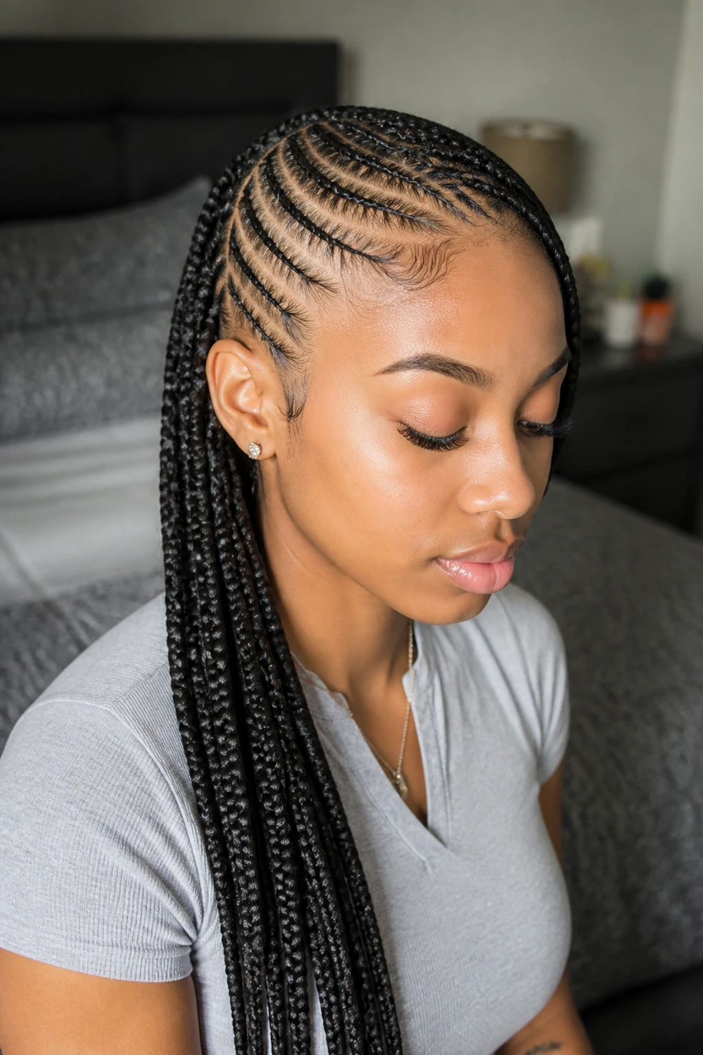 Close-up of a real woman with lemonade-style side cornrows and long ends in warm window light