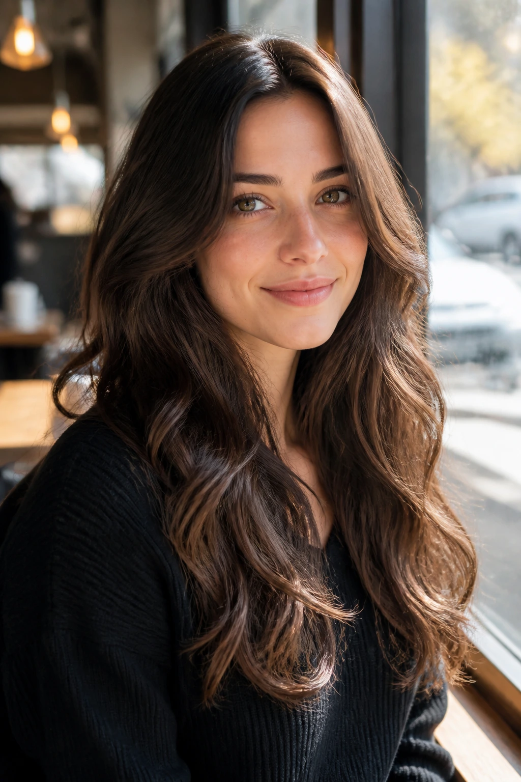 Close-up of real woman with long wavy hair showing length retaining layers near chest