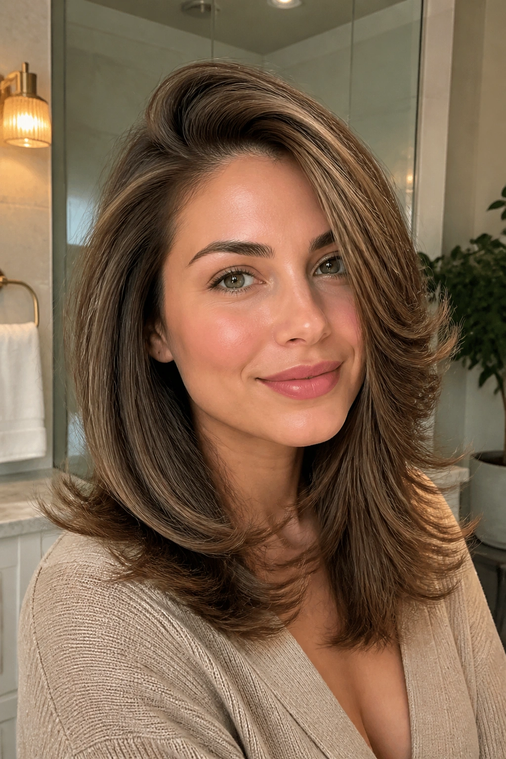 Close-up of a real woman with a lifted blowout and ends that float away from the cheeks