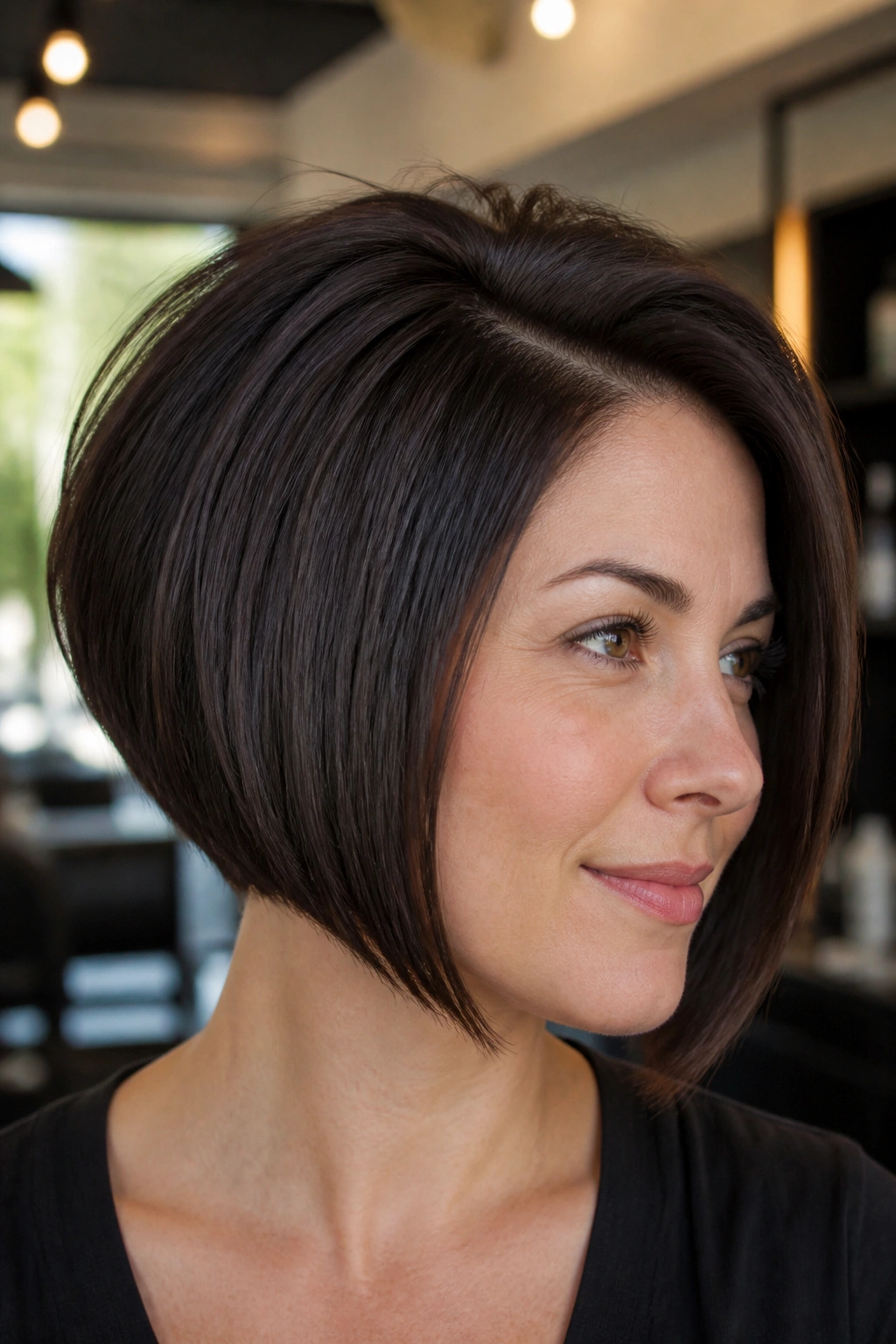 Close-up of a real woman with an angular A-line bob and lifted crown