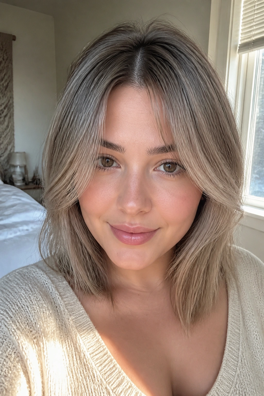 Real woman with light ash curtain bangs for short forehead in a cozy bedroom