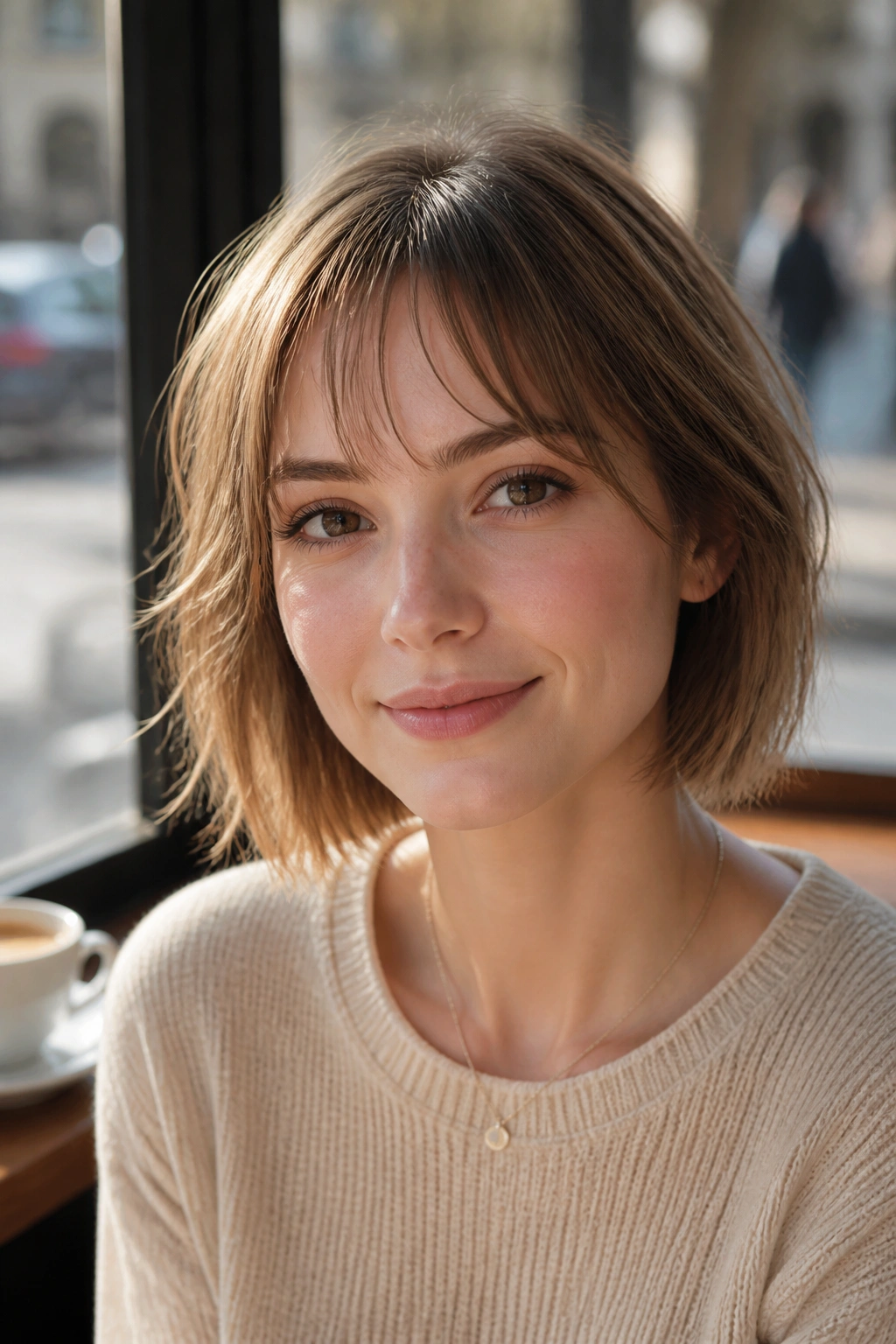 Close-up of a real woman with a light fringe in a sunny cafe setting