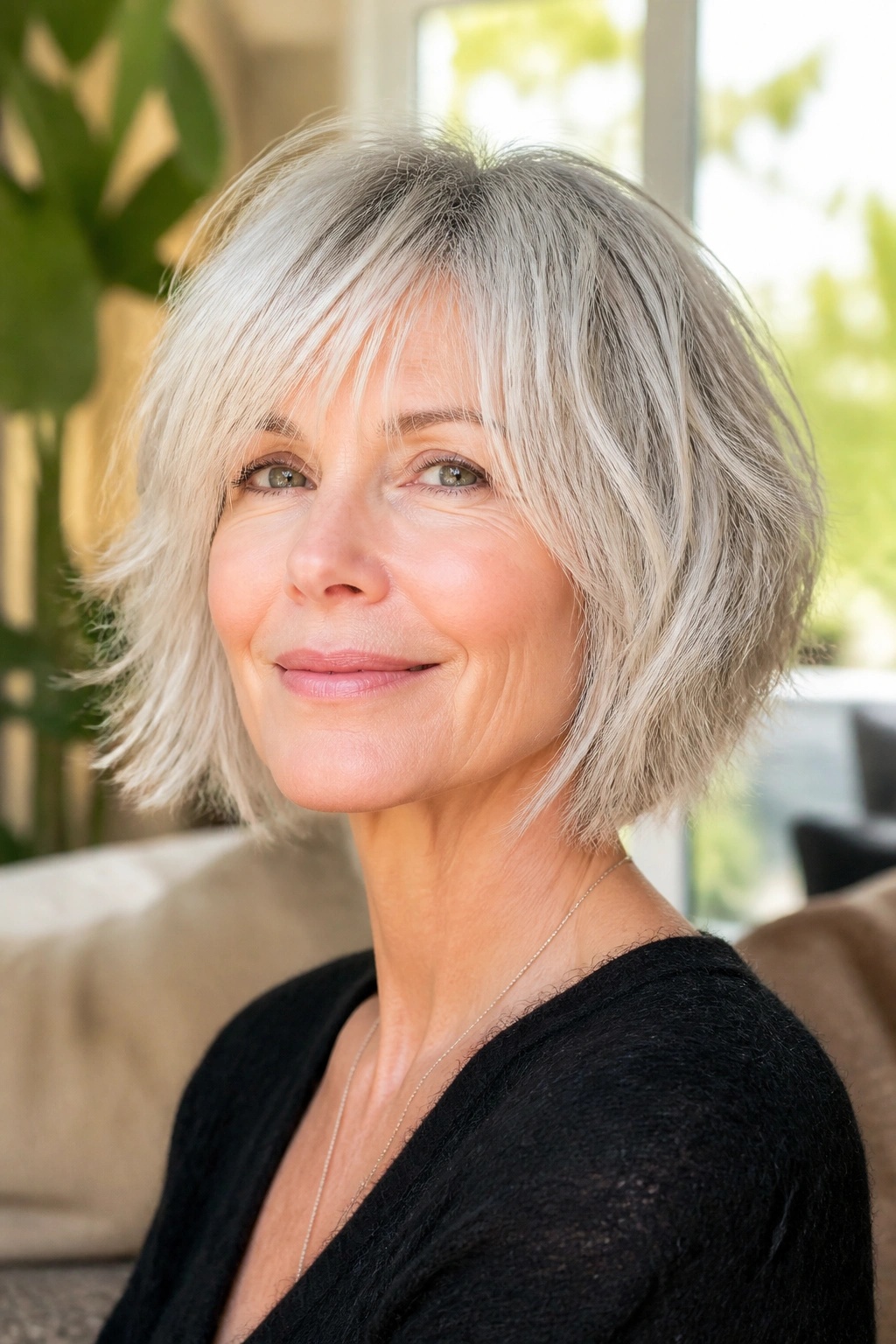 Close-up of a real woman with light silver shag bob in sunlit living room