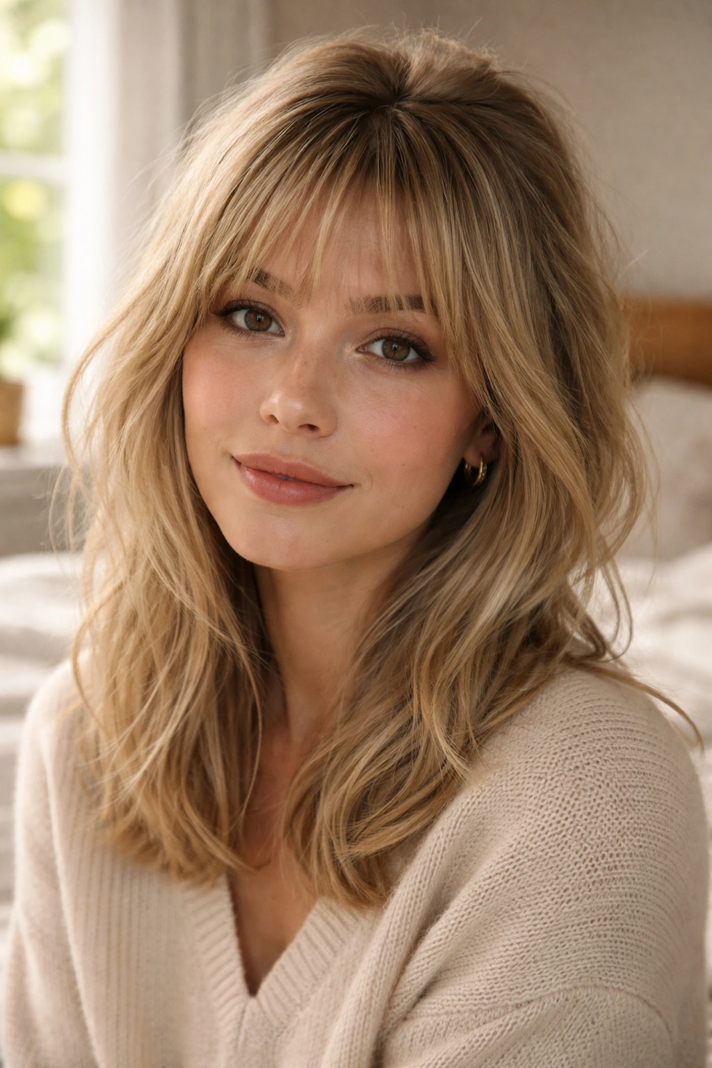 Close-up portrait of a real person with light textured fringe for thin hair