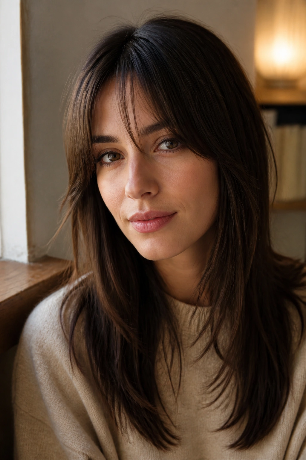 Close-up of a real woman with lightly shattered curtain bangs on straight hair