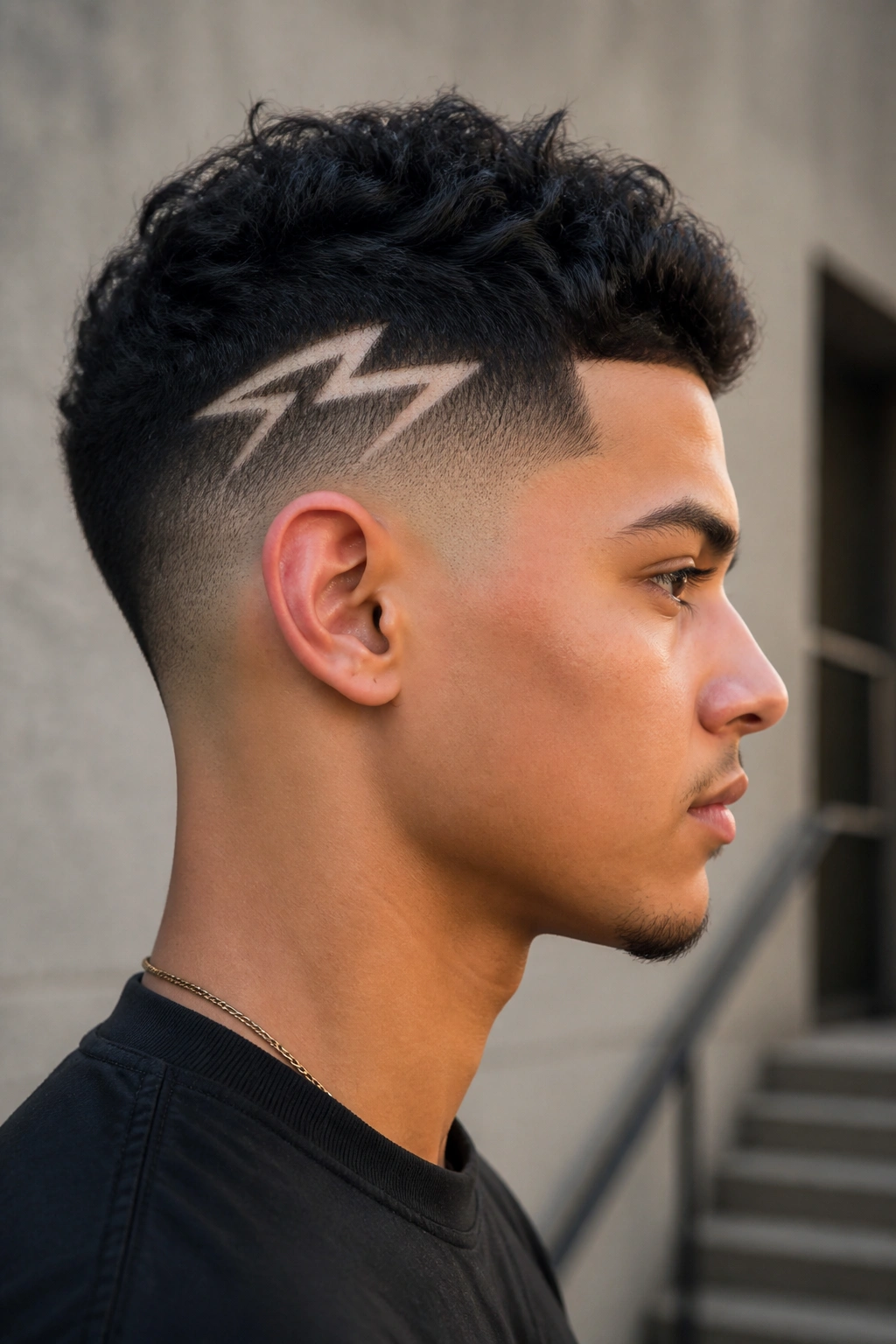 Profile portrait of a real person with a lightning bolt shaved into the side