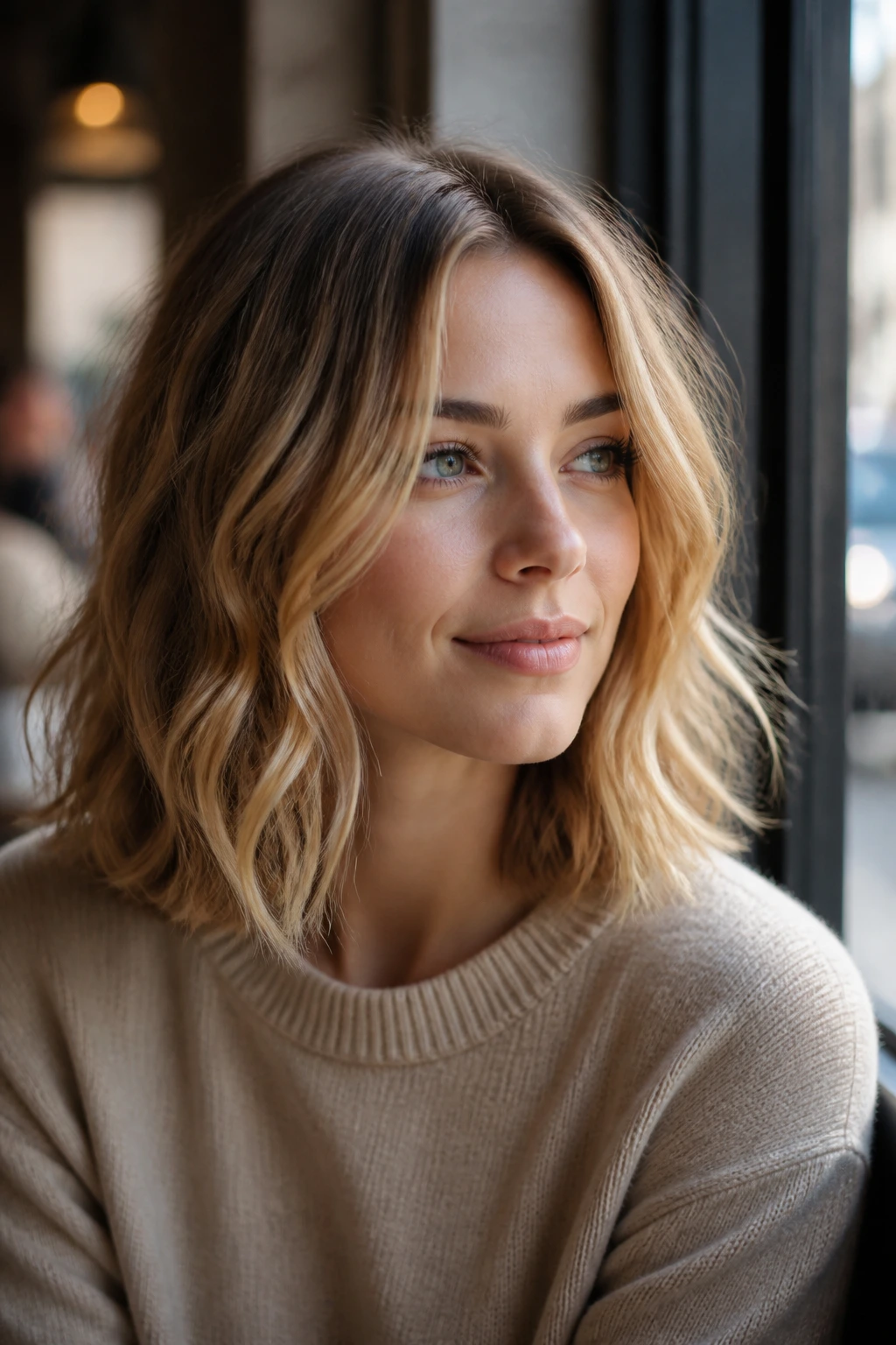 Close-up portrait of a real woman with lightweight wavy lob for fine hair