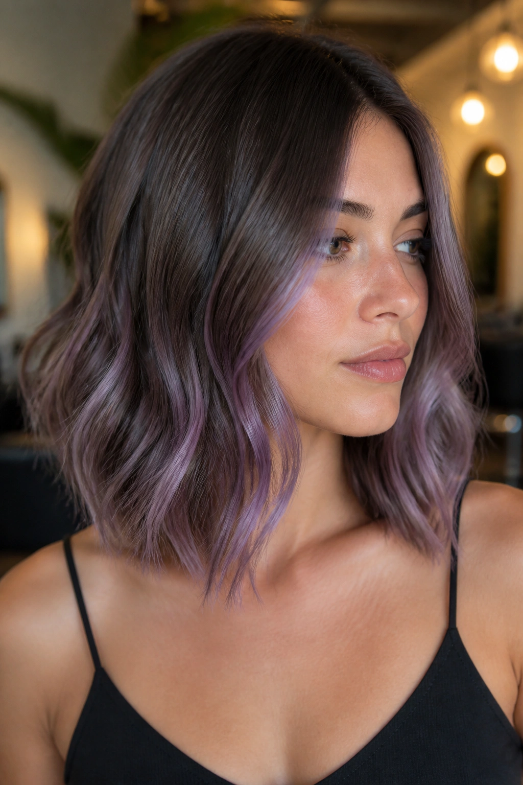 Shoulder-length collarbone waves with lilac babylights on a real person.