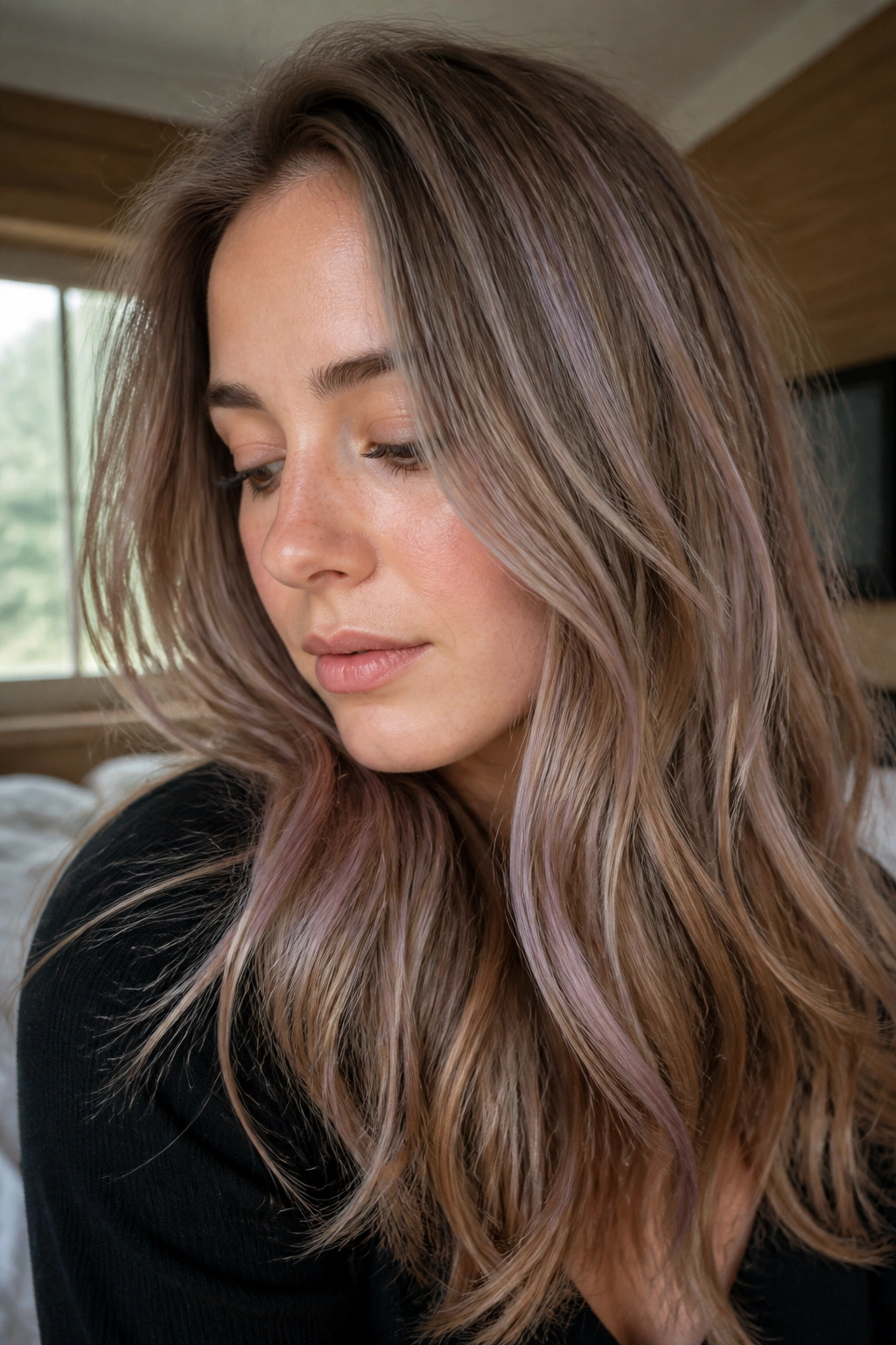 Close-up of light brown hair with fine lilac babylights in natural window light.