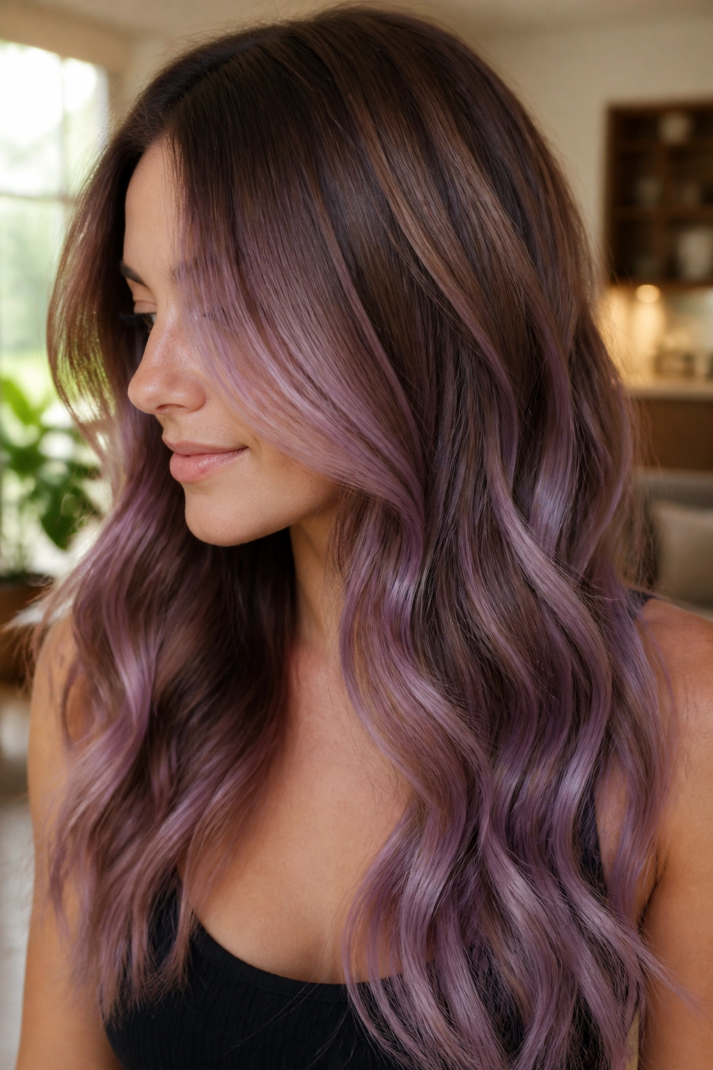 Soft lilac balayage on milk-chocolate brown hair in a close-up portrait