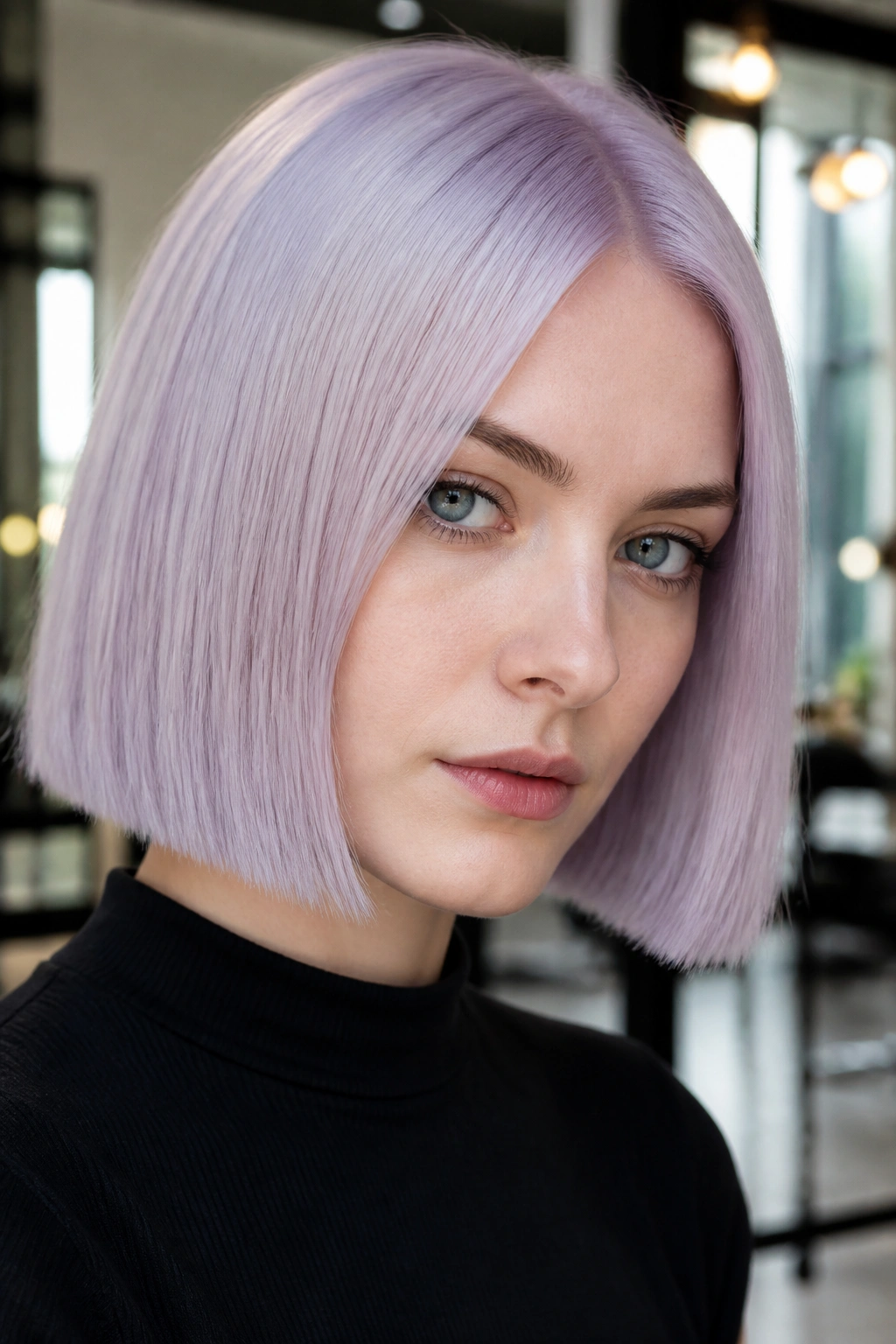 Close-up portrait of a real woman with ultra-pale lilac blunt bob and crisp straight ends