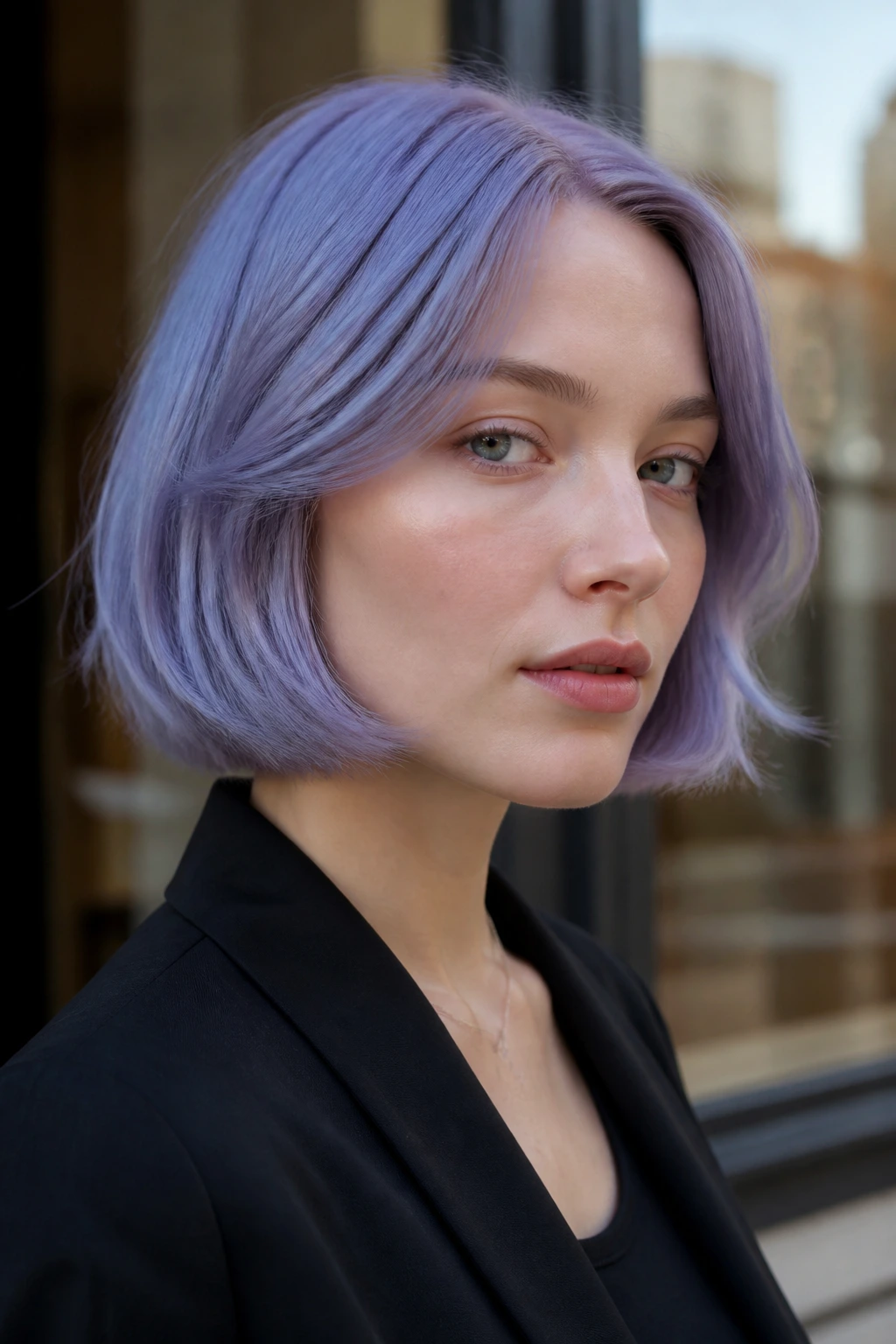 Close-up portrait of a real person with blue-toned lilac bob