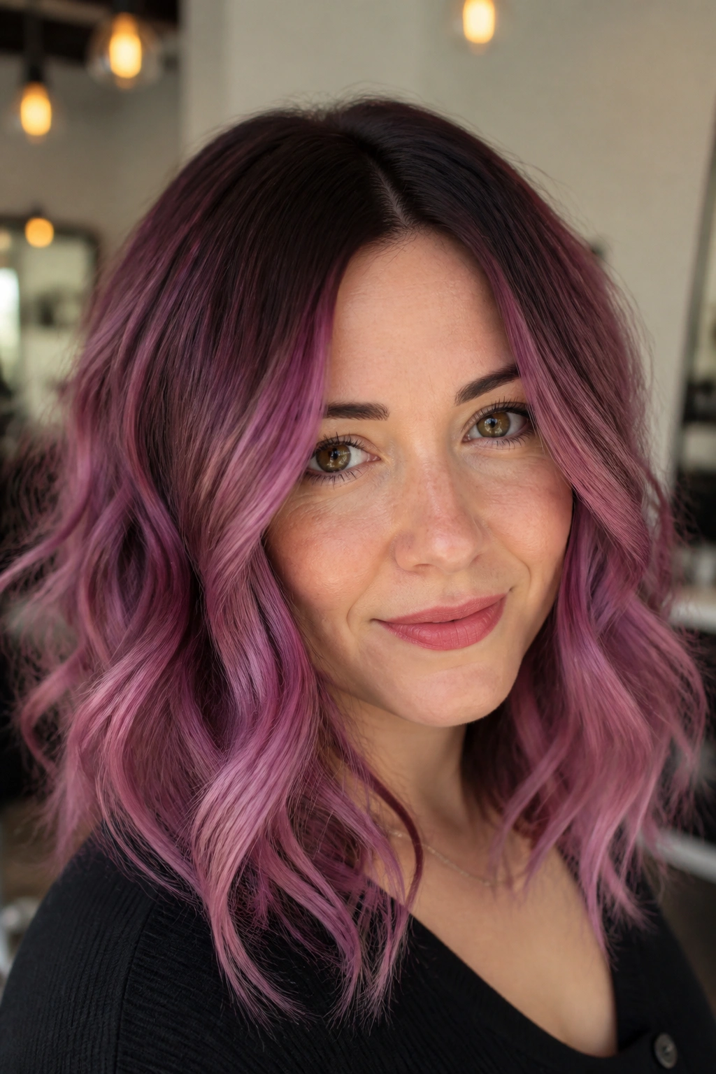 Close-up of real woman with lilac-burgundy shadow root and waves in warm light