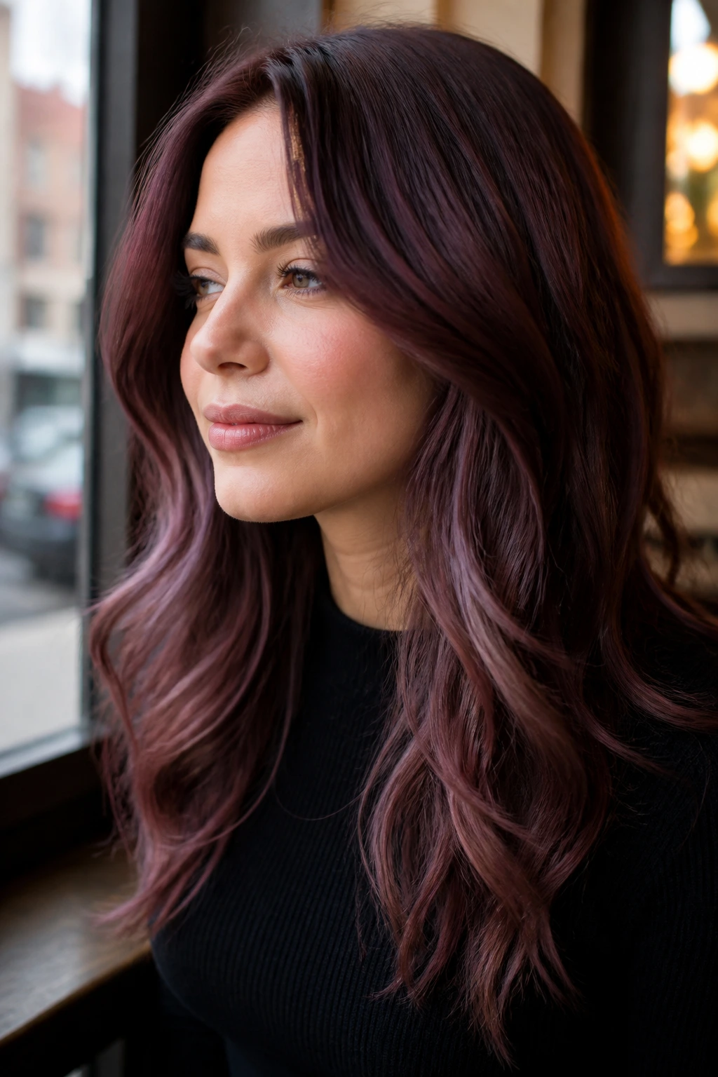 Close-up of a real woman with lilac burgundy sheen hair