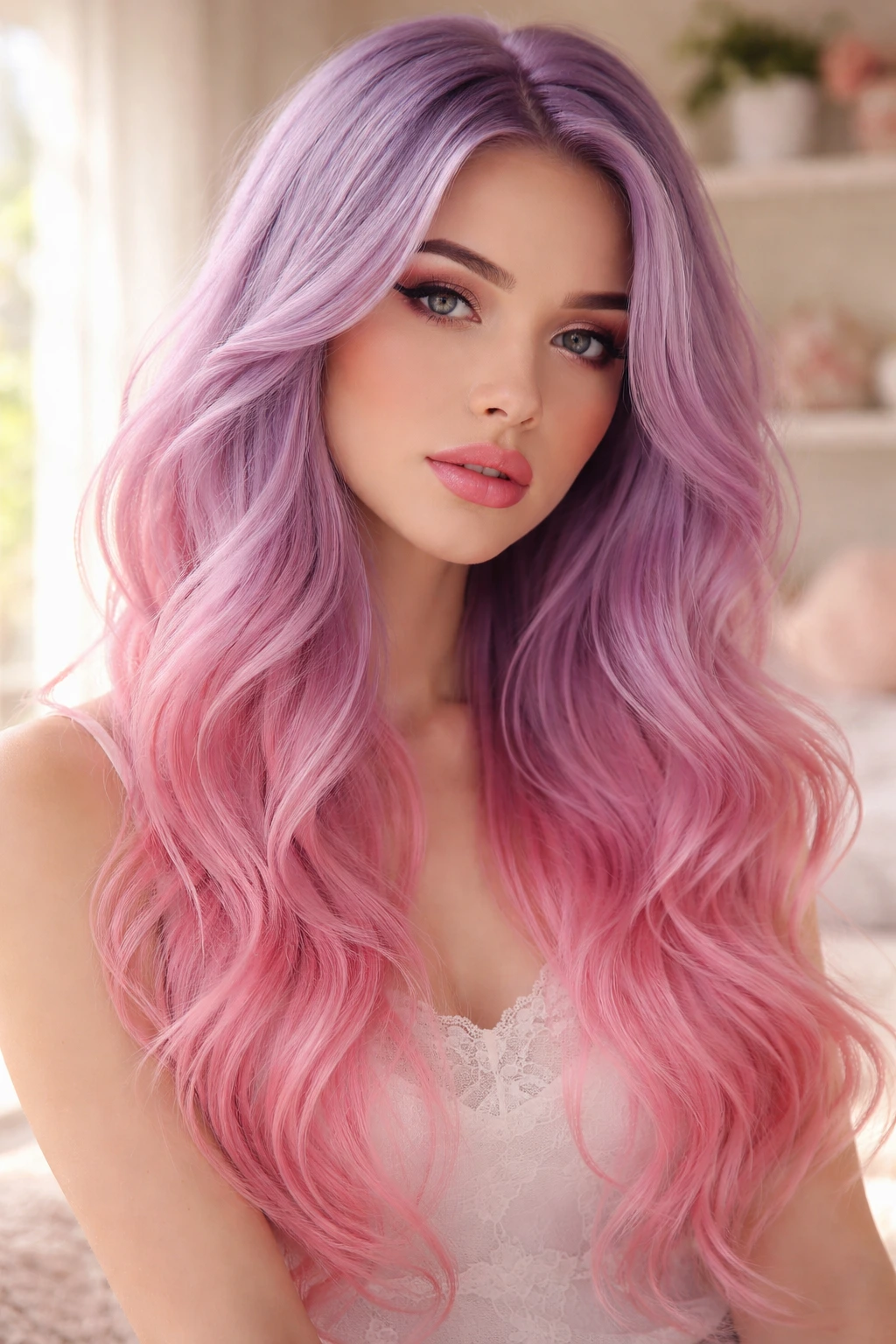 Close-up of lilac to cotton candy pink ombre on a real person with cool-toned hair