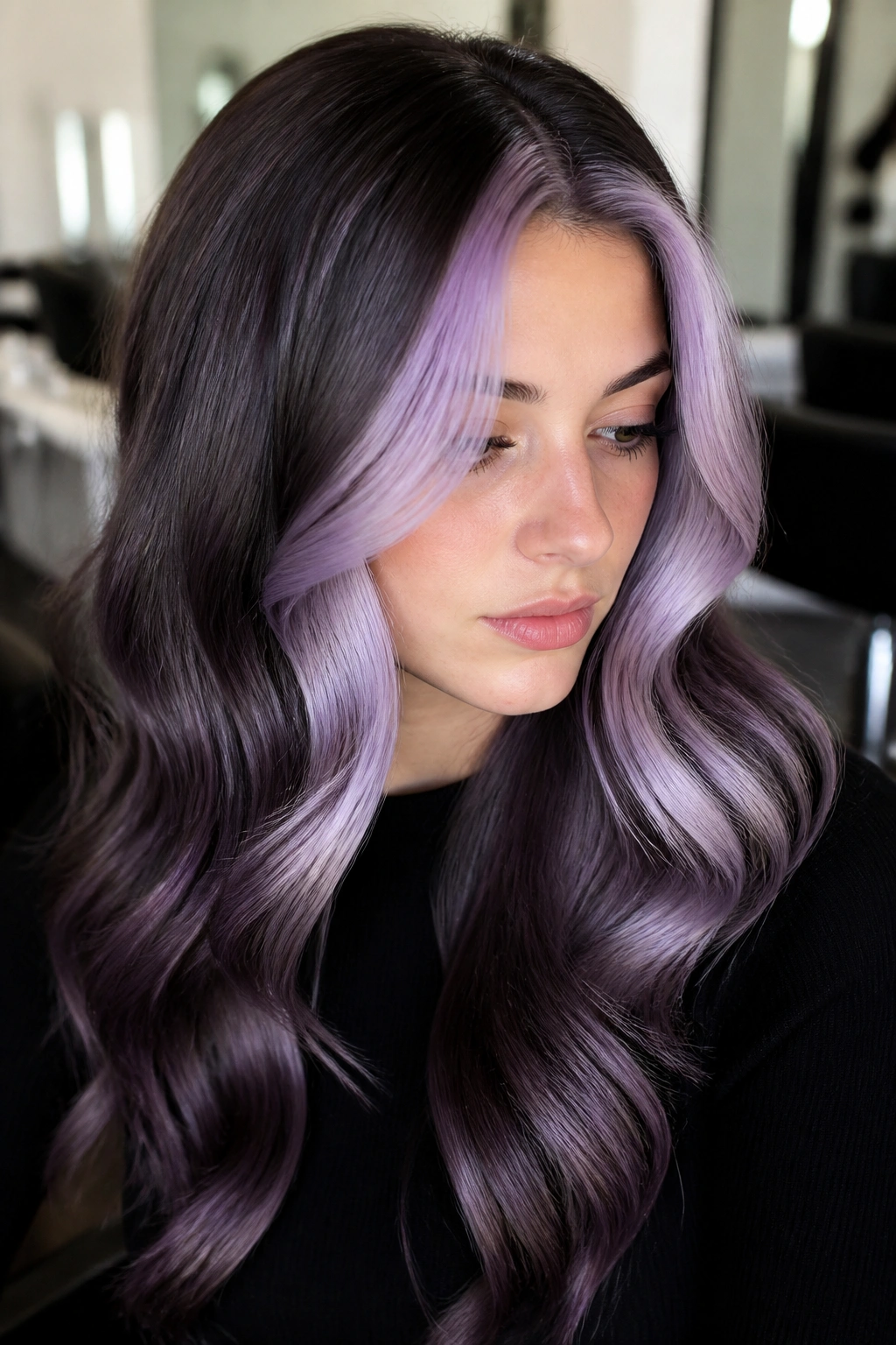 Real person with lilac face frame on glossy waves, front color framing the face.