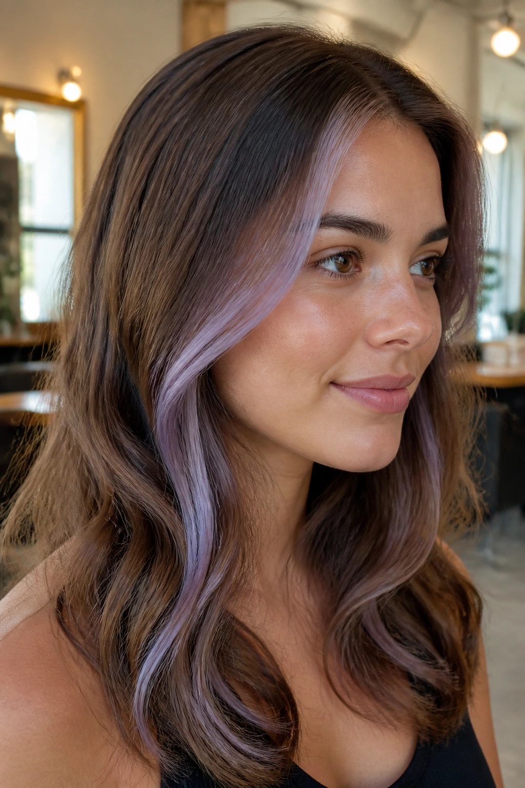 Close-up of a real woman with a lilac face-framing ribbon starting above the cheekbone.