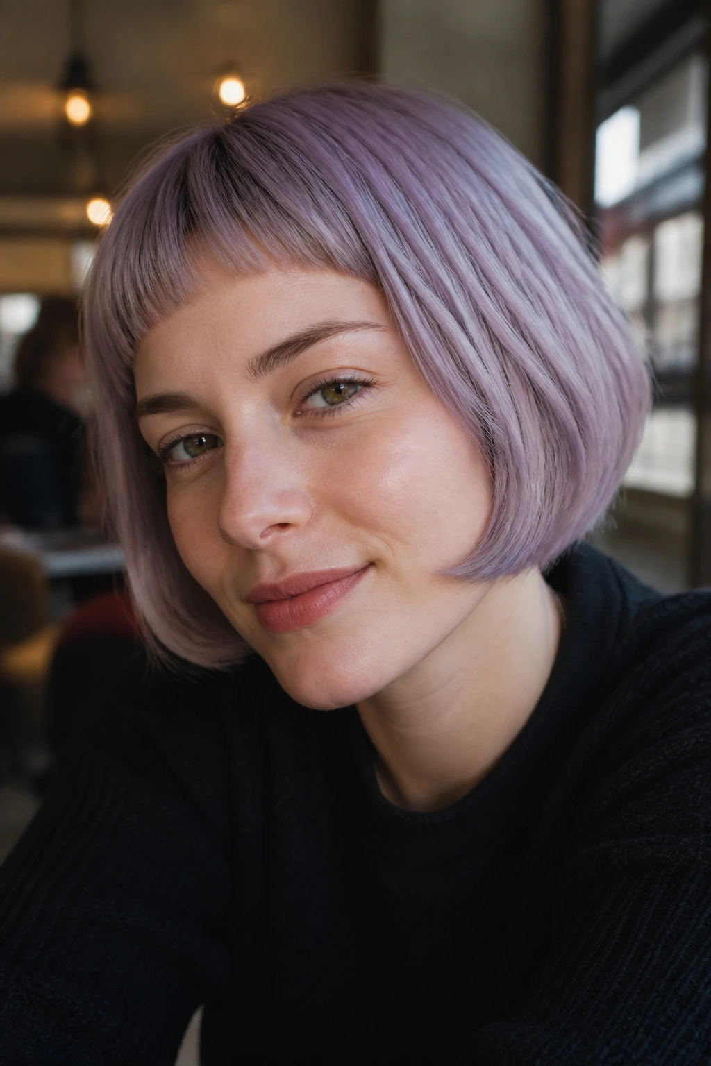 Portrait of a real person with a smoky lilac French bob and micro fringe