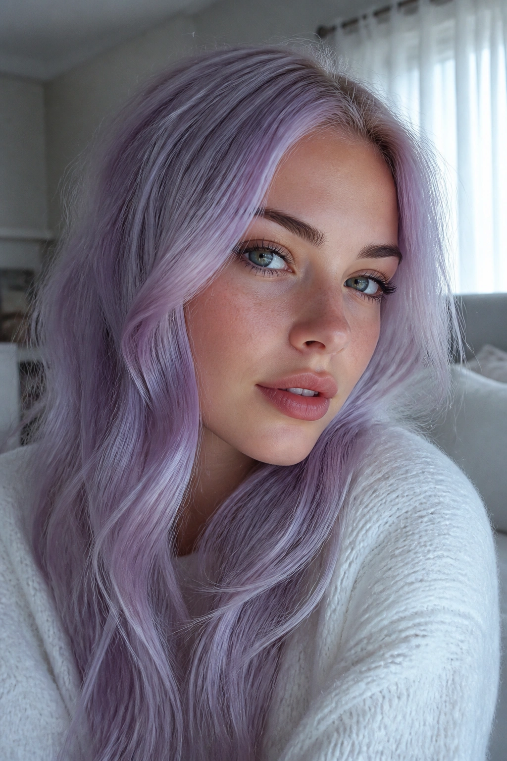 Close-up portrait of a real person with lilac frost hair in a cozy bedroom window light