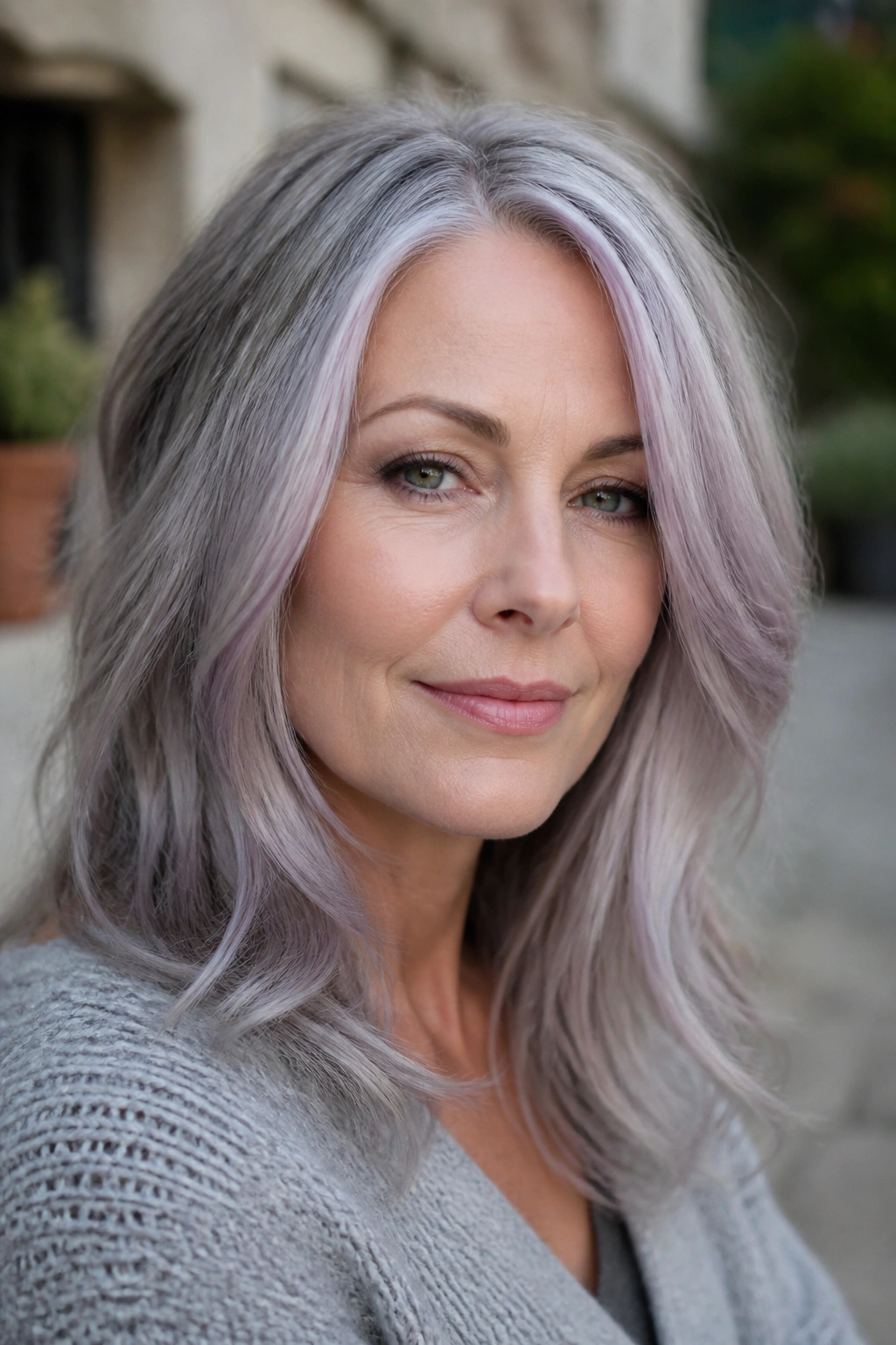Portrait of a real person with smoky lilac-gray hair around the face