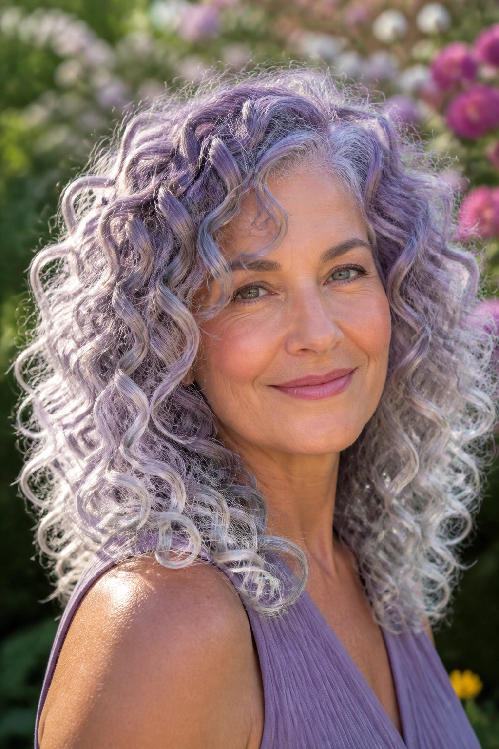 CLOSE-UP of person with lilac-gray curls and silver ends.