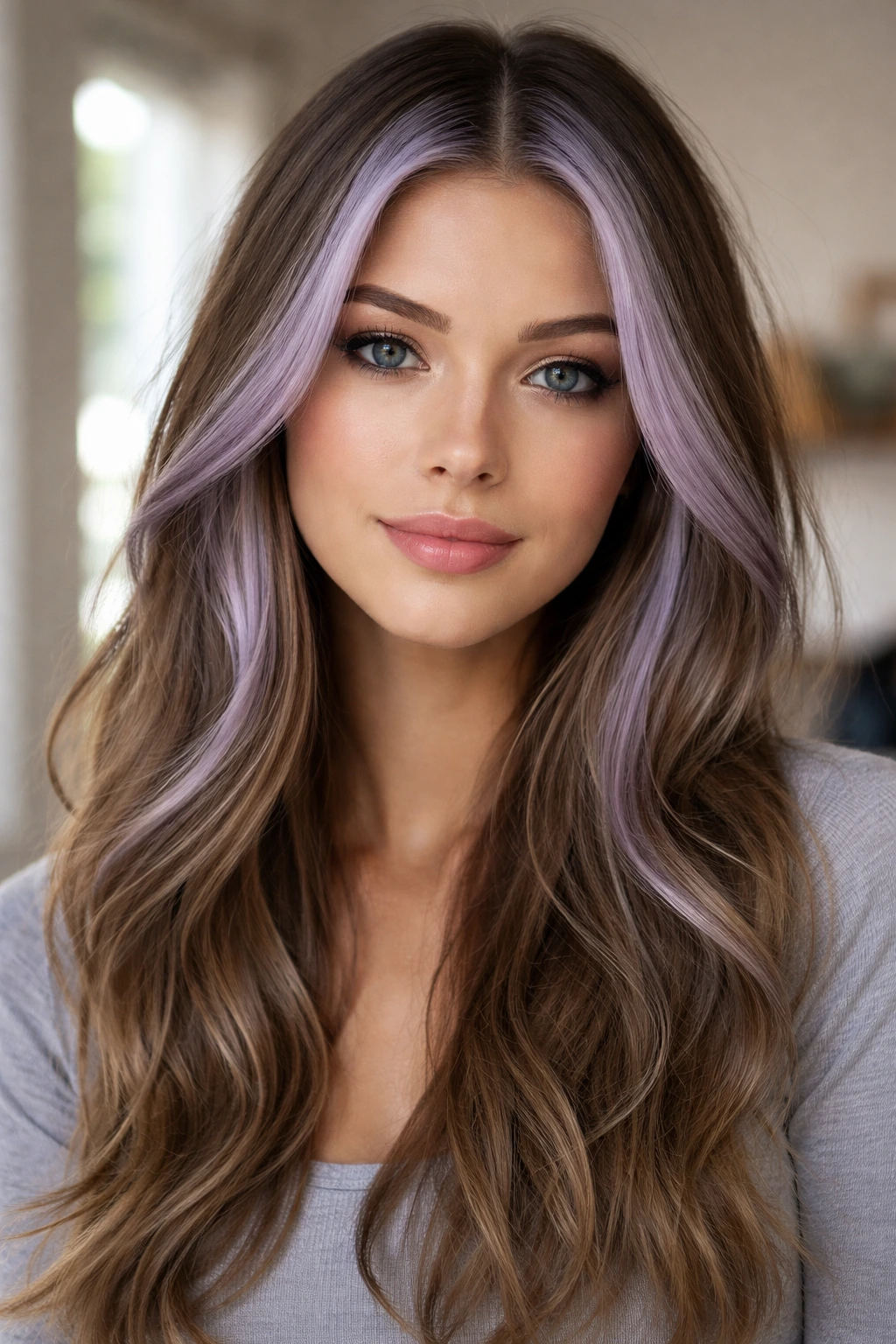 Close-up of a real person with lilac-grey face-framing strips around the front.