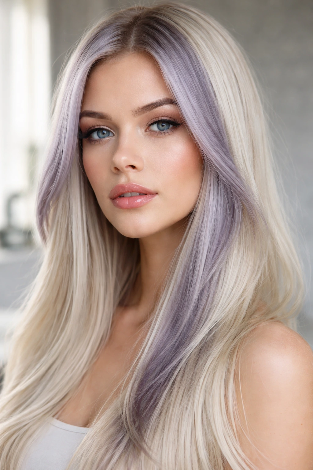 Close-up portrait of a real person with lilac-grey money piece on platinum hair
