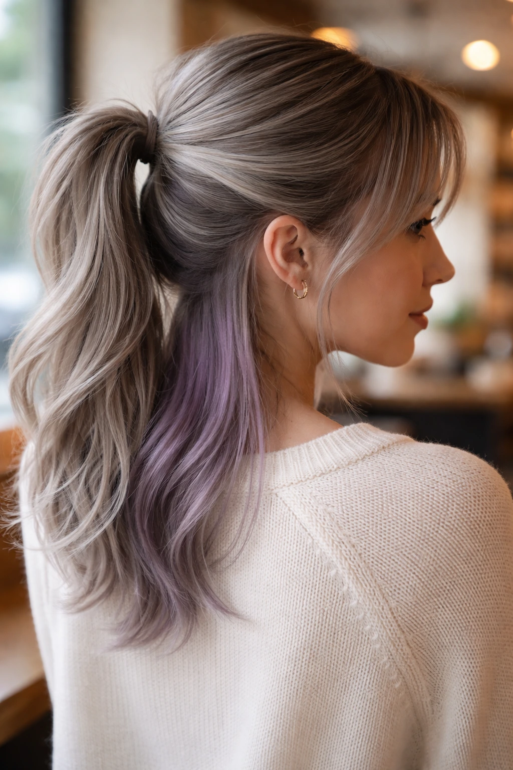 Real person with lilac-grey peekaboo strips at the nape