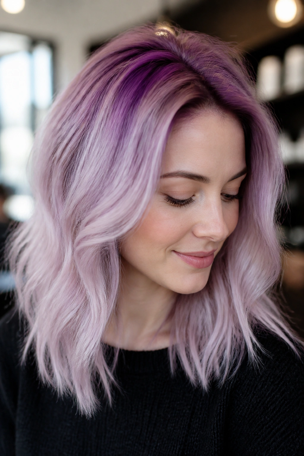 Close-up portrait of a real person with deep orchid-lilac root shadow and lilac mid-lengths.