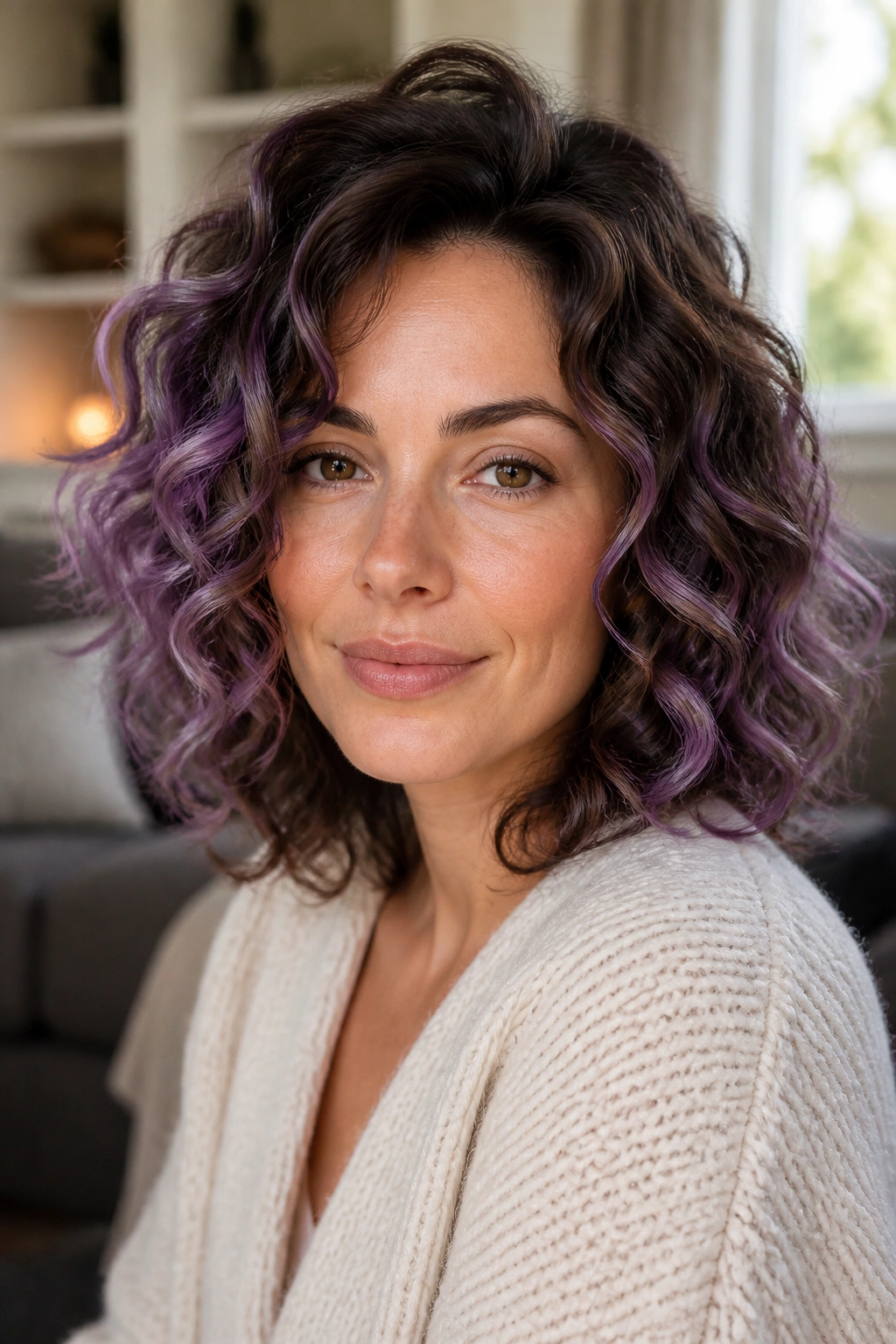 Loose curls with a diffused lilac halo around the outer ring