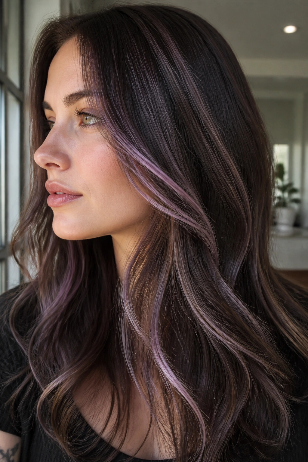 Close-up of chocolate brown hair with cool lilac babylights in natural window light