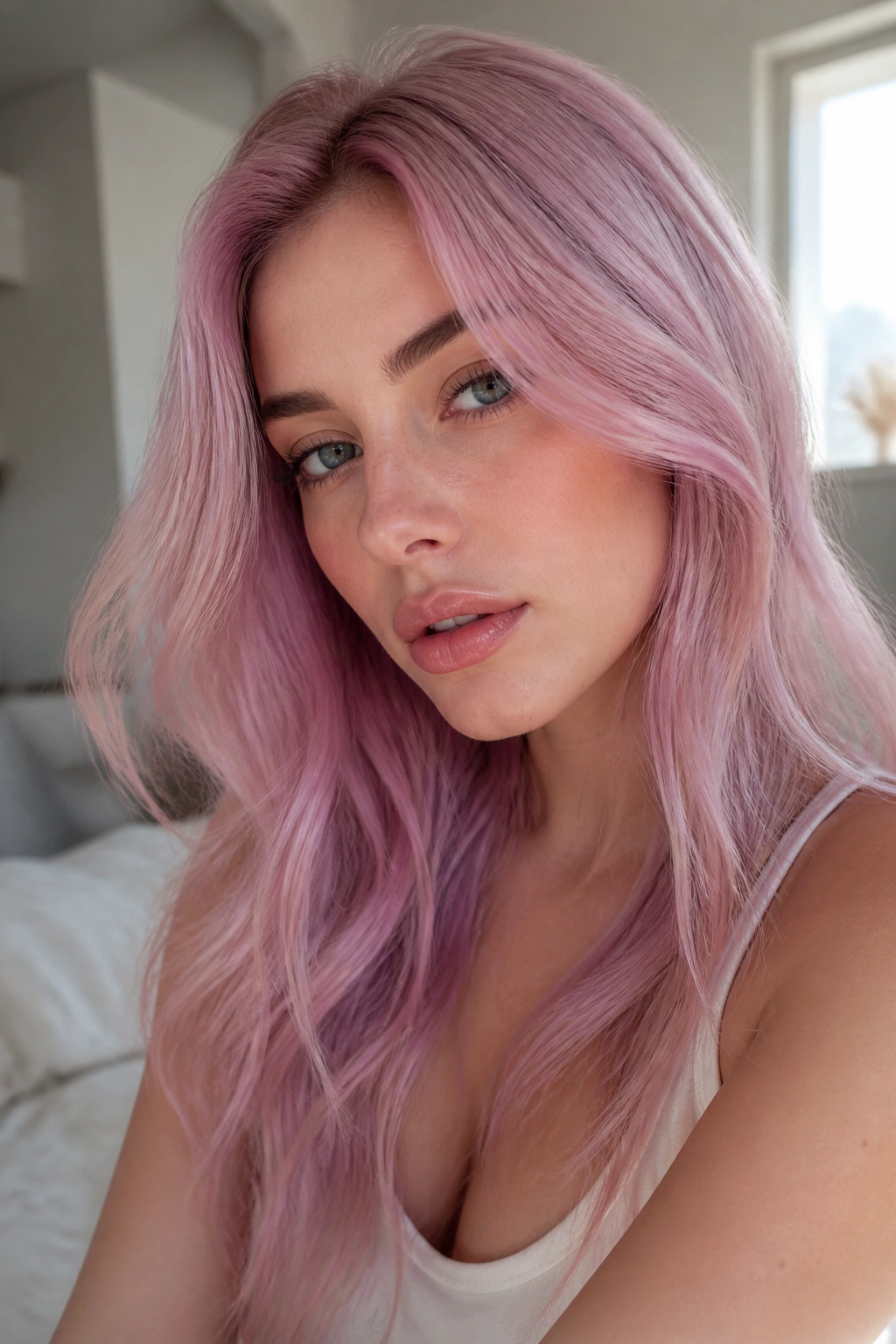 Close-up portrait of a person with lilac-infused pink hair in a misty, soft finish.