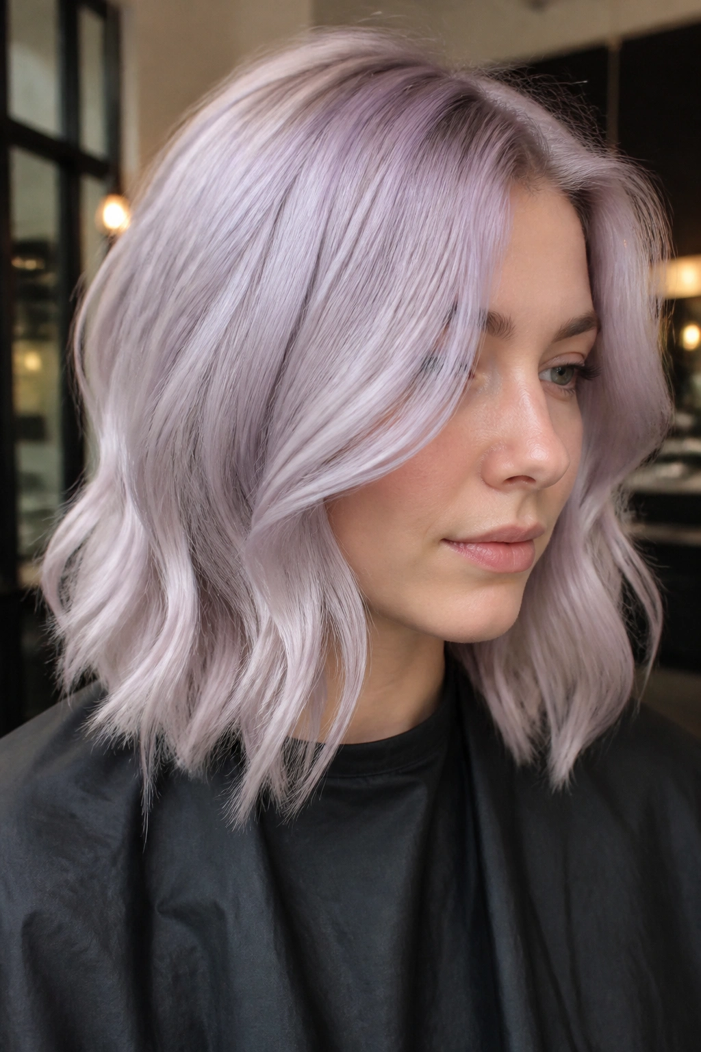 Close-up portrait of a real person with lilac-infused platinum hair in a chic bright space