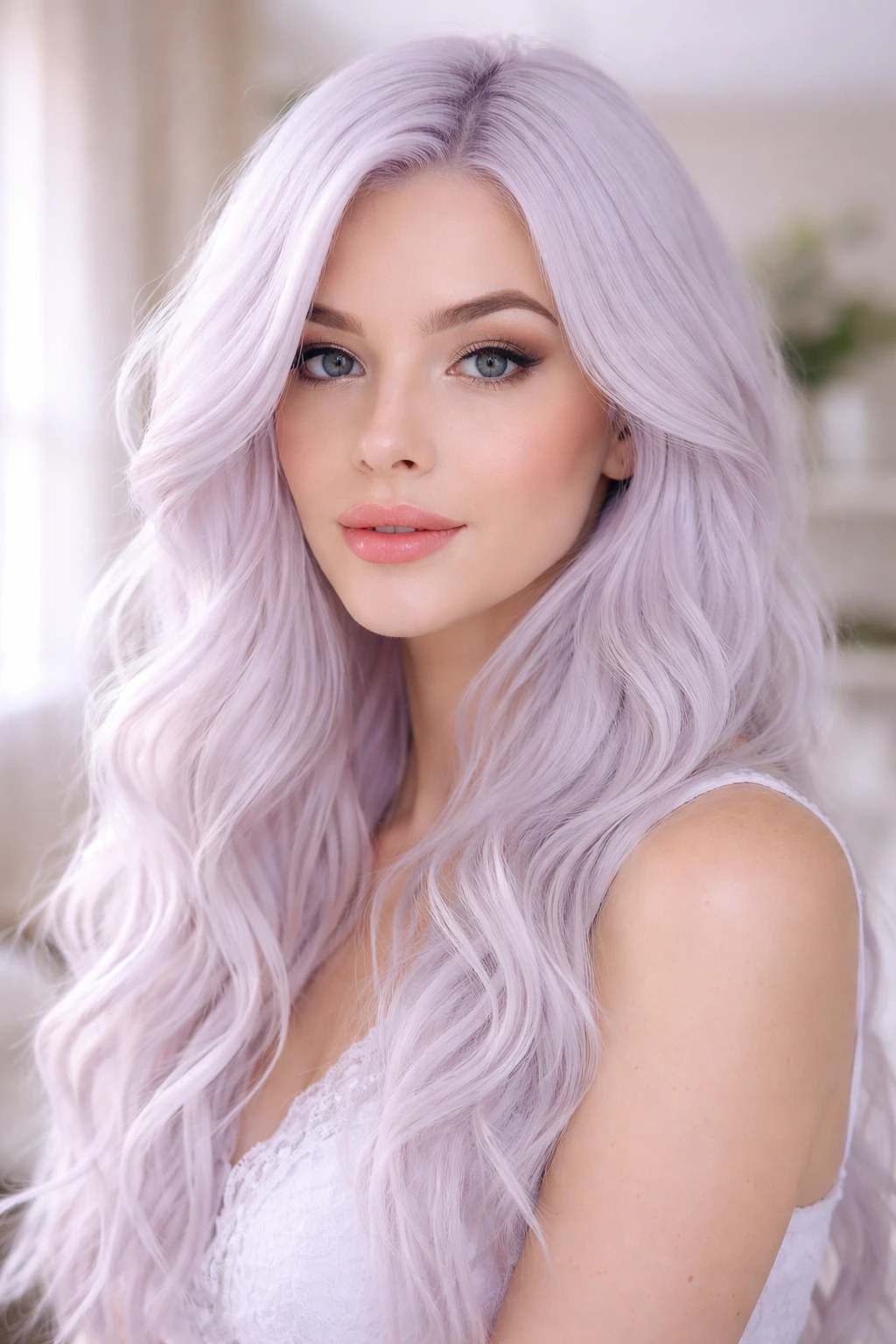 Close-up portrait of a person with lilac-infused white hair in soft pastel lighting.